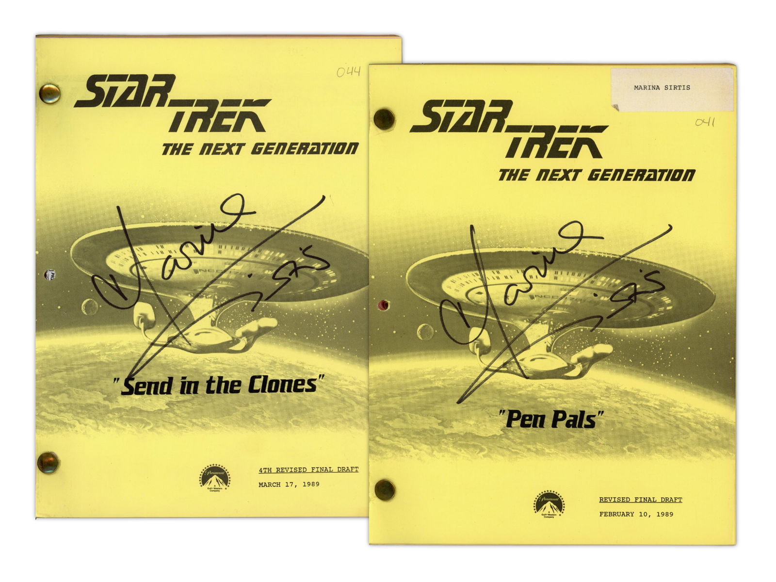 (2) Star Trek TNG Marina Sirtis Signed Scripts: Lot of two Star Trek: The Next Generation production scripts, personally owned by Marina Sirtis, who portrayed Counselor Deanna Troi. Both scripts are revised final drafts with yellow Paramount