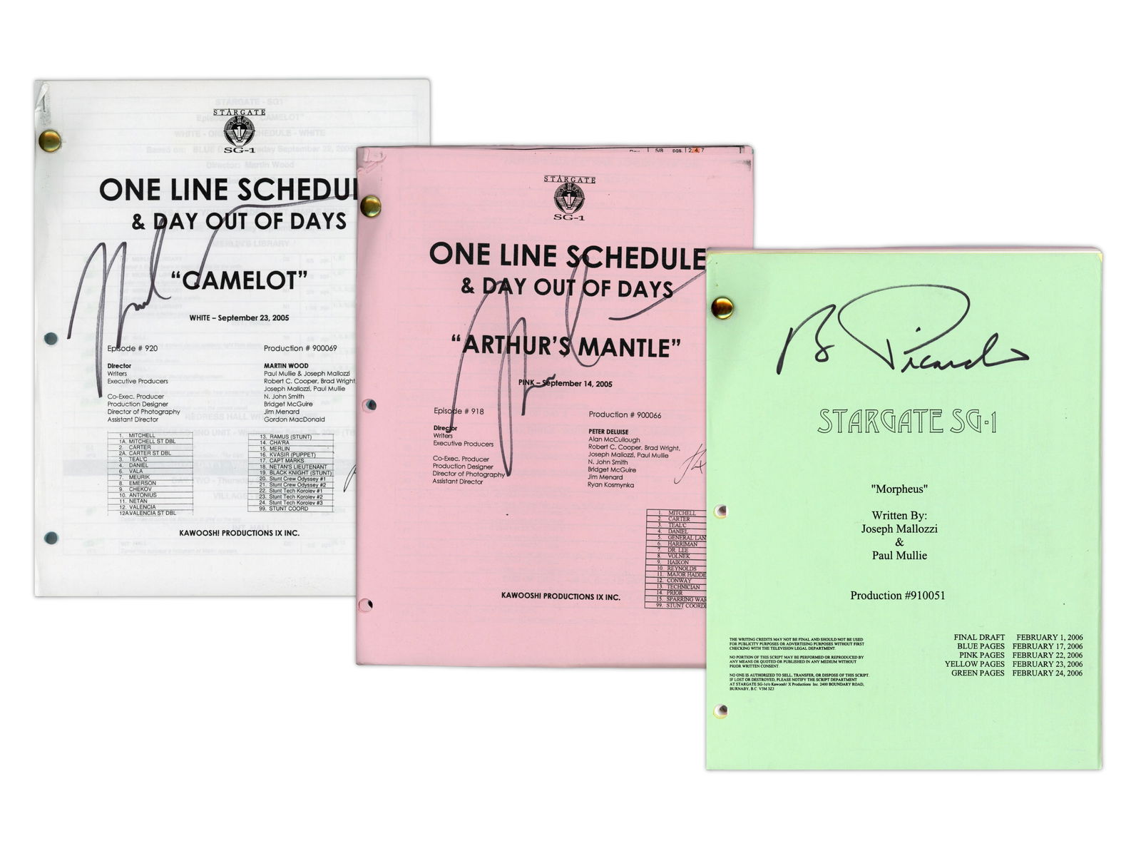 (3) Stargate SG-1 Signed Production Scripts: Lot of three Stargate SG-1 production scripts, each signed by principal cast members. Included is "Camelot", One Line Schedule and Day Out of Days, White draft dated September 23, 2005, Episode #920,