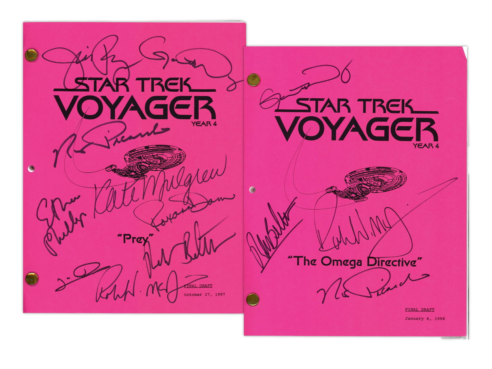 (2) Star Trek Voyager Cast Signed Scripts, Year 4: Lot of Star Trek: Voyager Season 4 production scripts and related materials. Included is the Final Draft script for "Prey", dated October 27, 1997, with pink production cover, metal brad binding, and