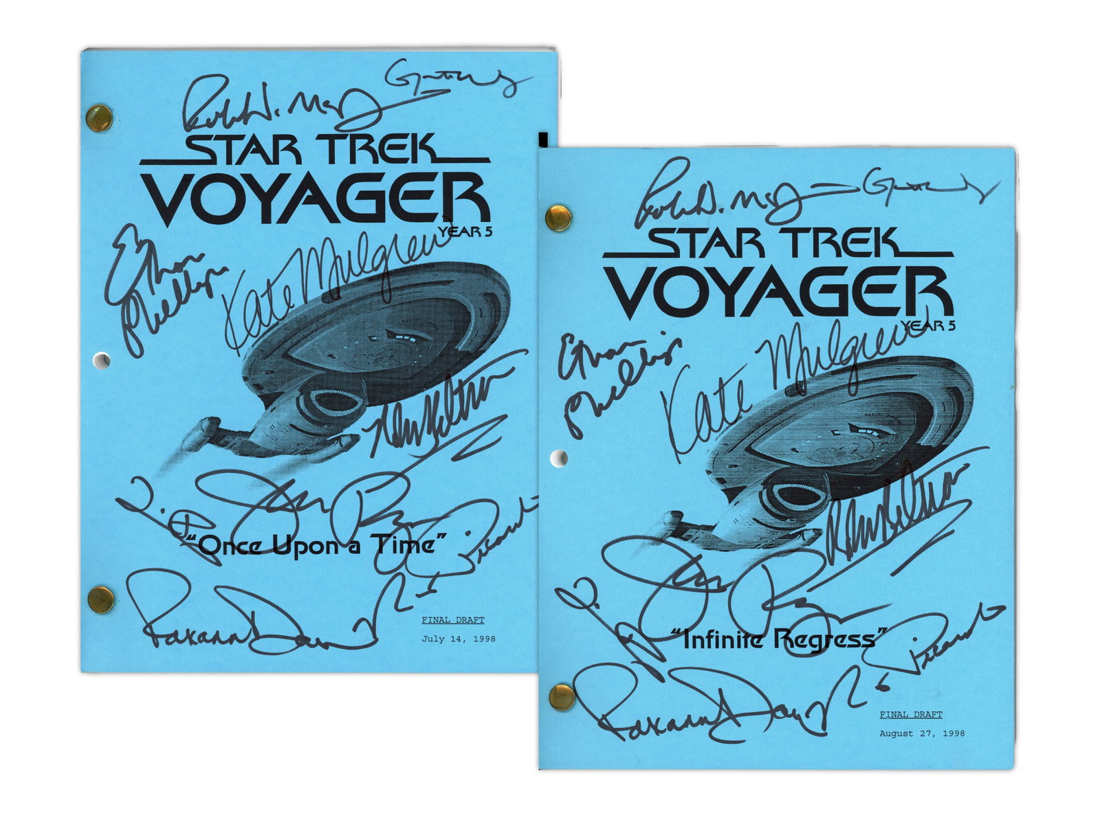 (2) Star Trek Voyager Cast Signed Scripts, Year 5: Lot of two Star Trek: Voyager Year 5 Final Draft production scripts, each cast signed on the front cover. Included is the Final Draft script for "Infinite Regress", dated August 27, 1998, with blue
