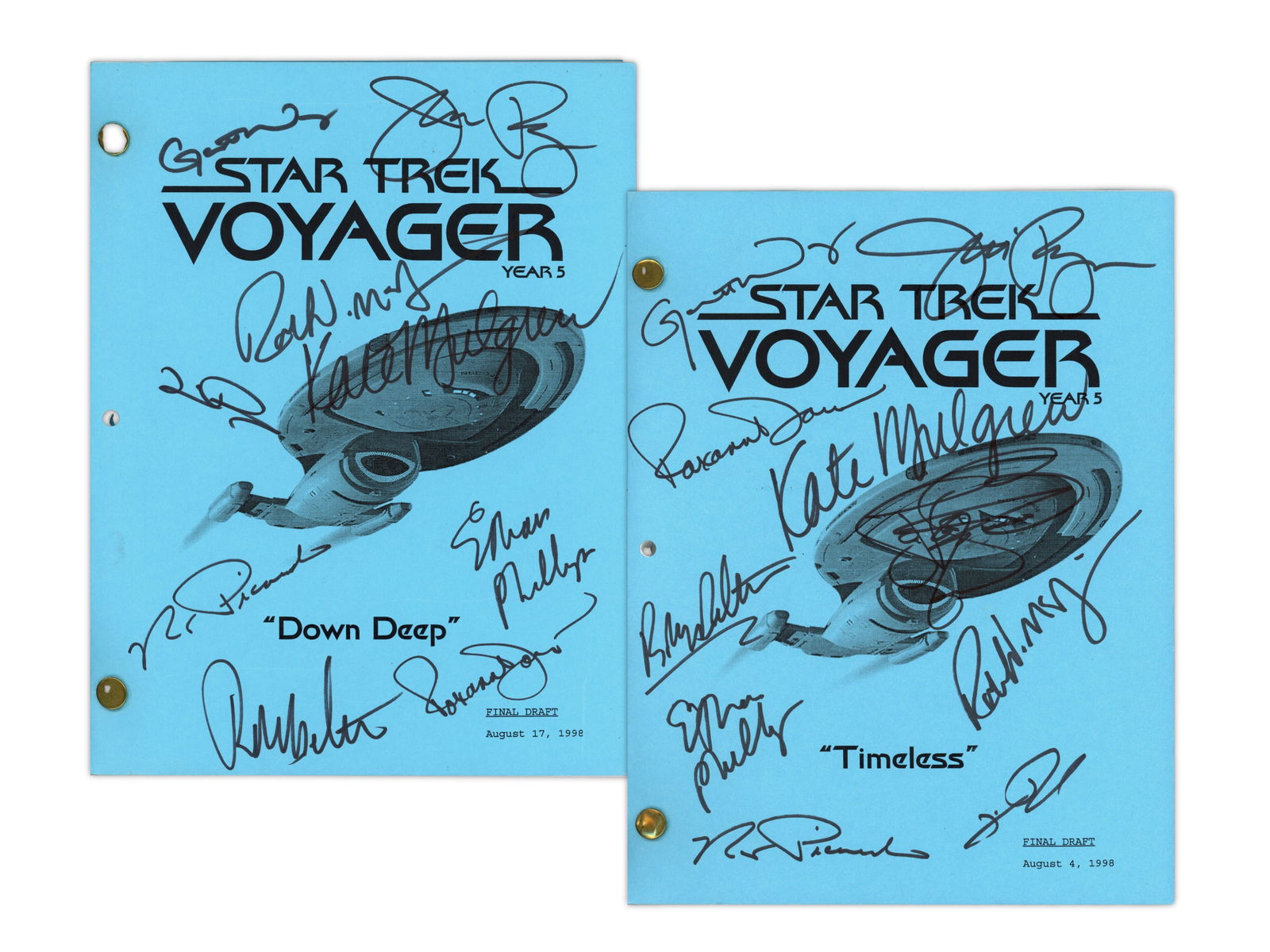 (2) Star Trek Voyager Cast Signed Scripts, Year 5: Lot of two Star Trek: Voyager Year 5 production scripts, each cast signed on the front cover. Included is the Final Draft script for "Down Deep", dated August 17, 1998, with blue production cover,