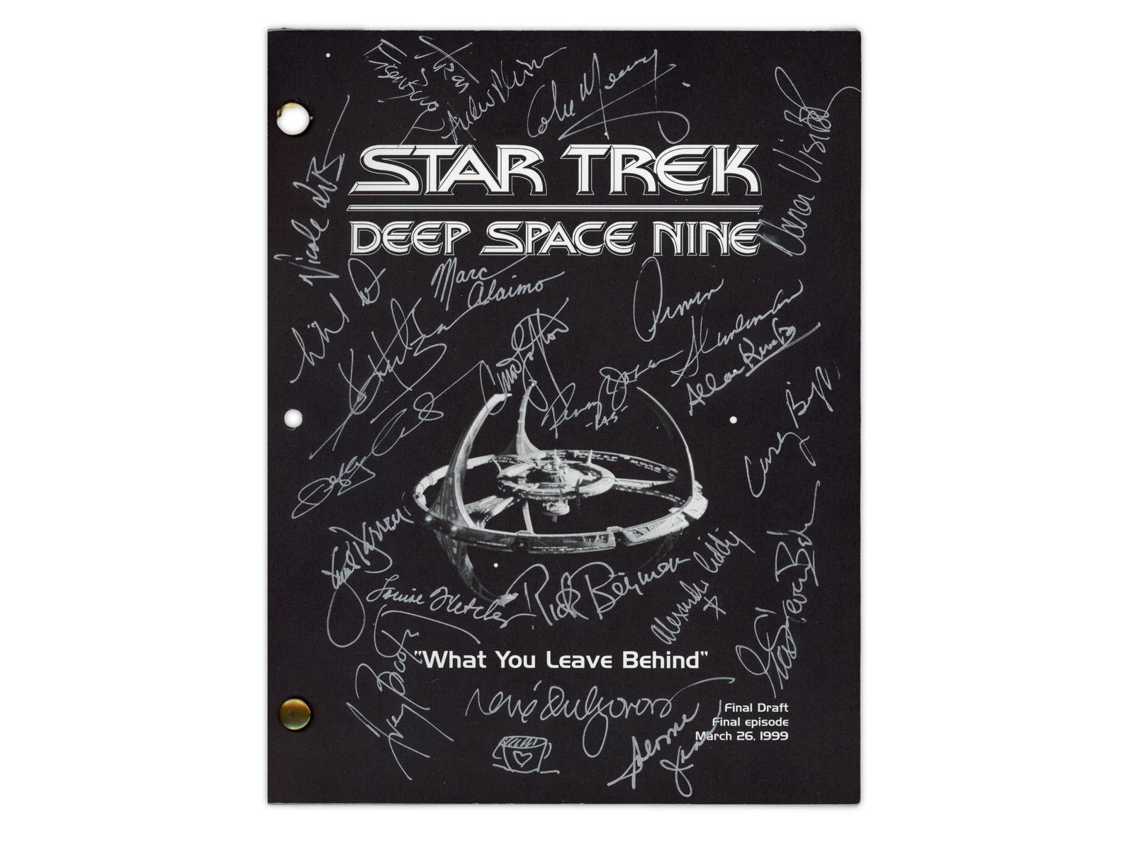Star Trek DS9 Finale Episode Cast Signed Script: Very Rare, Star Trek: Deep Space Nine production script for the series finale, titled "What You Leave Behind". This Final Draft script, dated March 26, 1999, was a special script made for the cast,