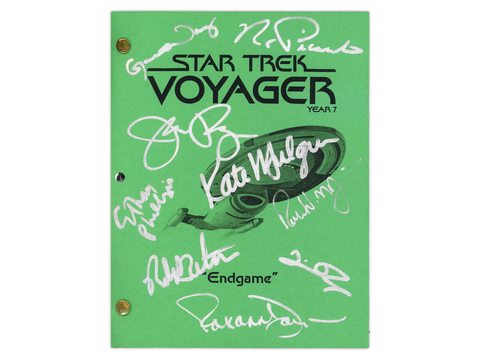 Star Trek Voyager Series Finale Cast Signed Script: Cast signed Star Trek: Voyager Year 7 production script for the two part series finale, titled "Endgame". This is a double-sized script, with both part one and part two bound together. Final Draft