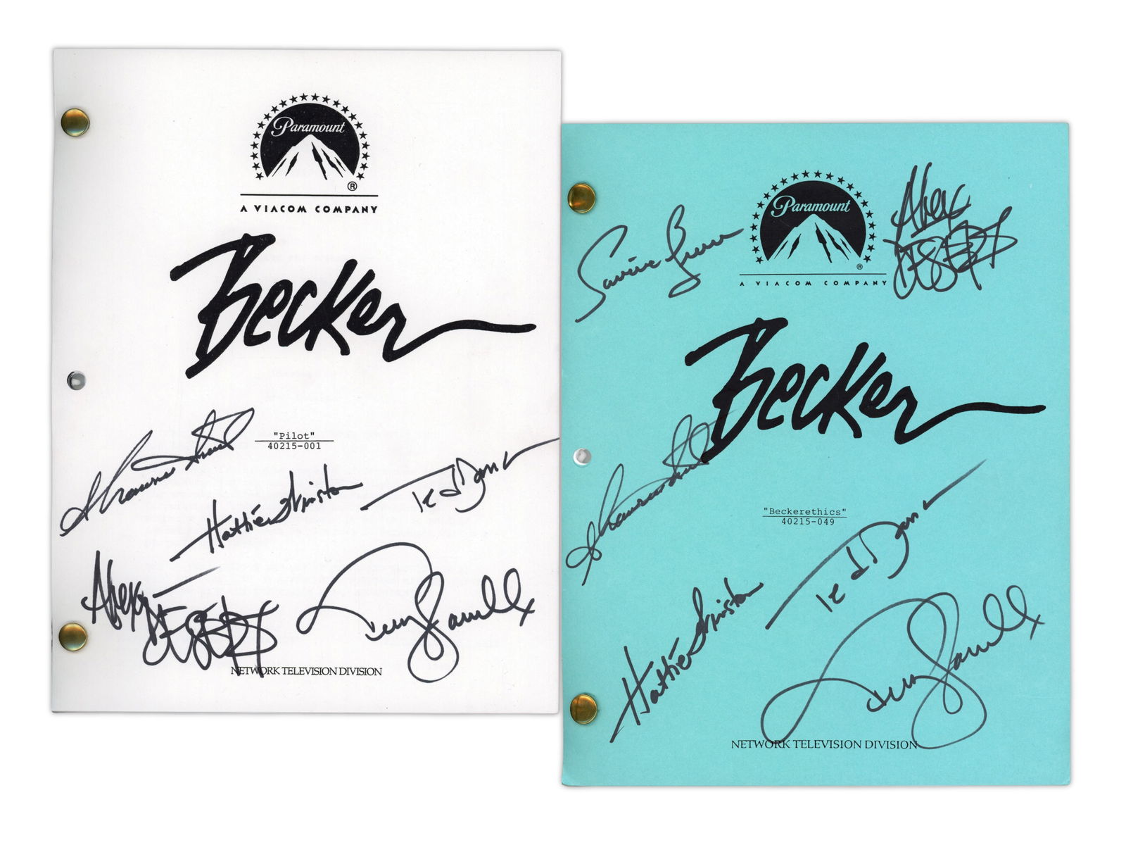 (2) Becker Television Cast Signed Scripts: Lot of two Becker television production scripts, both cast signed. The first is the Becker pilot episode titled "Pilot" (Episode No. 40215-001), with white Paramount production cover and metal brad