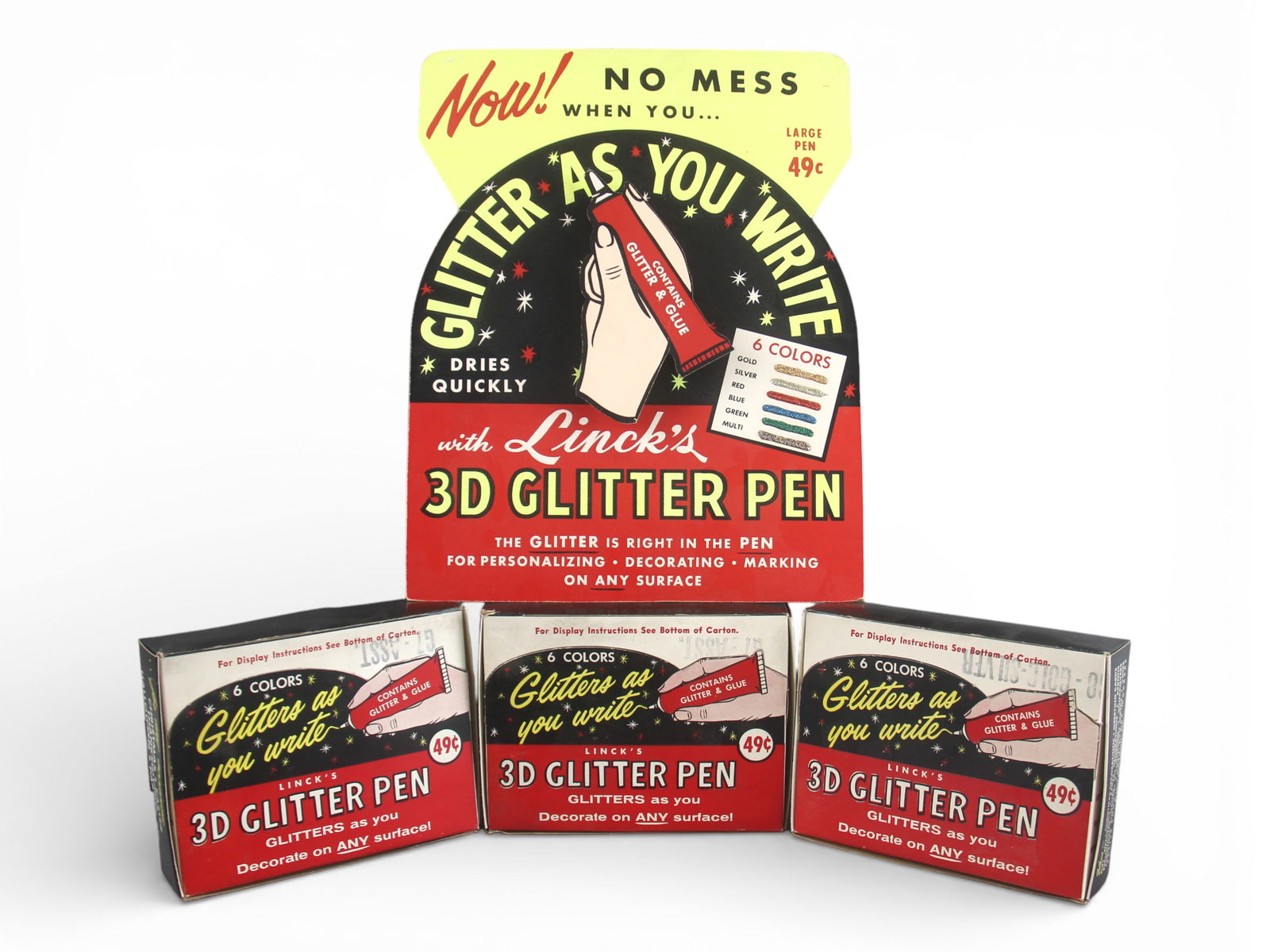 Linck's 3D Glitter Pen Display and Pens: Includes original cardboard battery operated display with Linck's 3D Glitter Pen. Display was battery tested and did not work at the time. Display is approx. 13" x 10". Shows some light surface wear