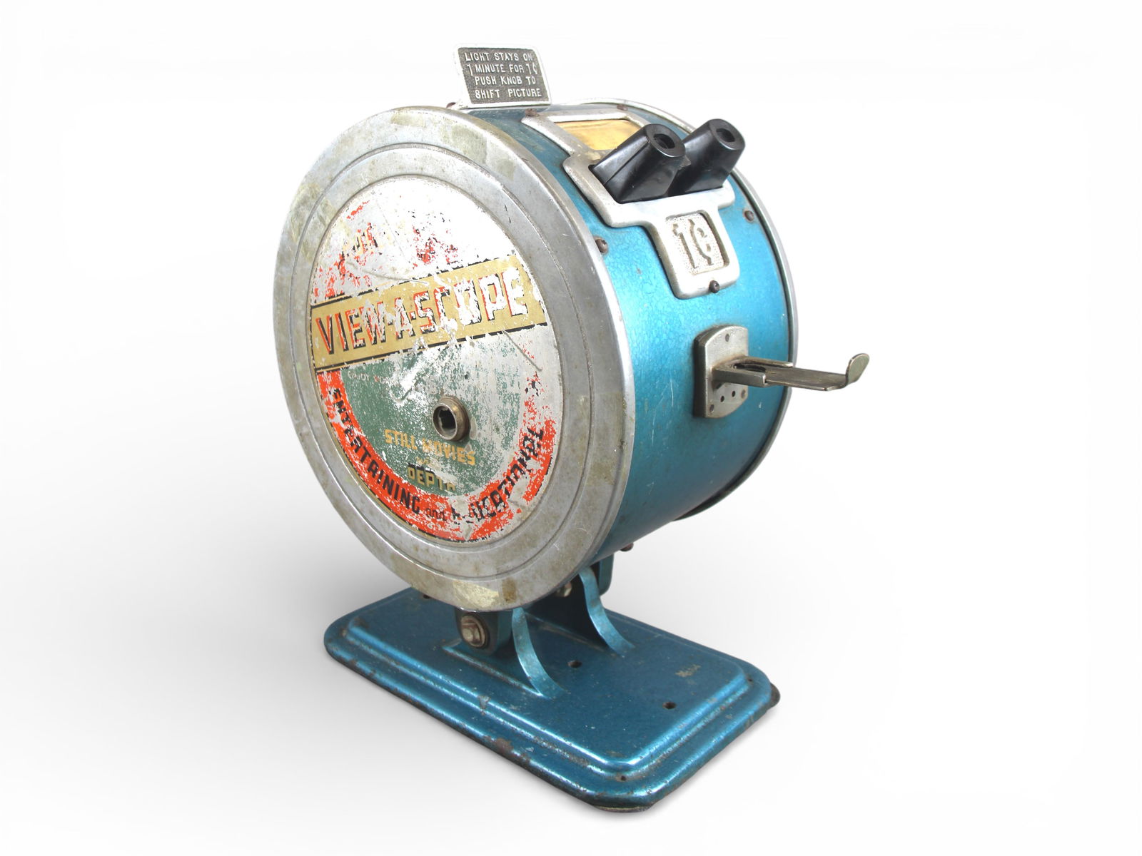 1 Cent View-a-Scope Coin Op Viewer Machine: Vintage coin-operated "View-A-Scope" stereoscopic motion picture viewer, American-made, late 1930s to early 1940s. Heavy cast metal arcade viewer with twin binocular eyepieces. Marked for 1 cent