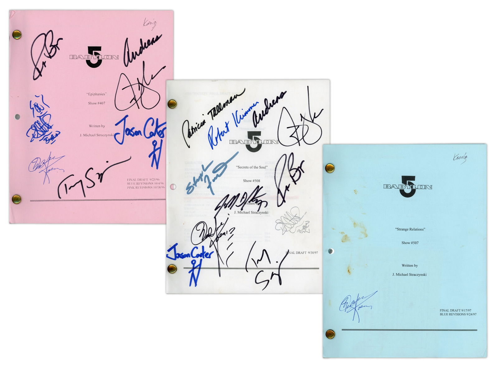 (3) Babylon 5 Television Cast Signed Scripts: Group of three Babylon 5 television production scripts written by J. Michael Straczynski. The first script is the episode titled "Epiphanies" (Show #407), final draft dated September 25, 1996, with