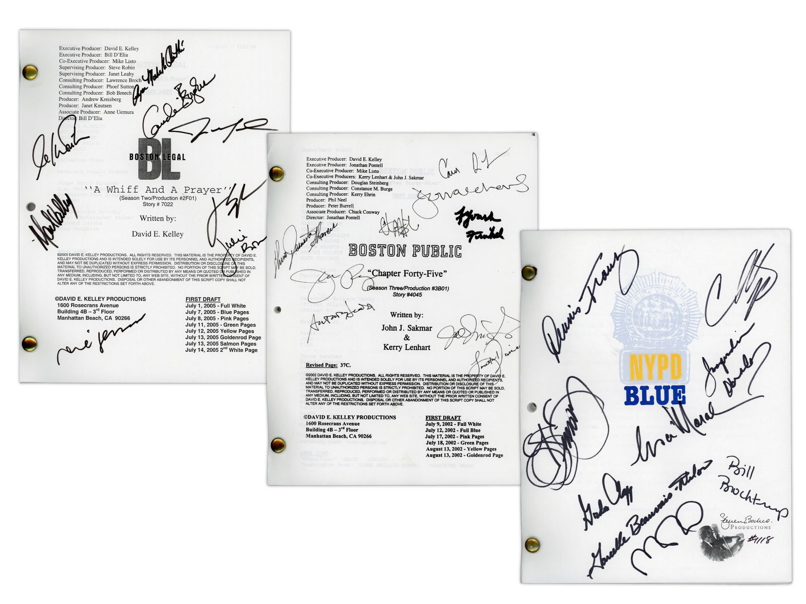 (3) Signed TV Scripts, Boston Legel NYPD: Group of three original production television scripts from acclaimed drama series, each brad bound and signed by cast members. Included is a Boston Legal script for the episode "A Whiff And A Prayer"