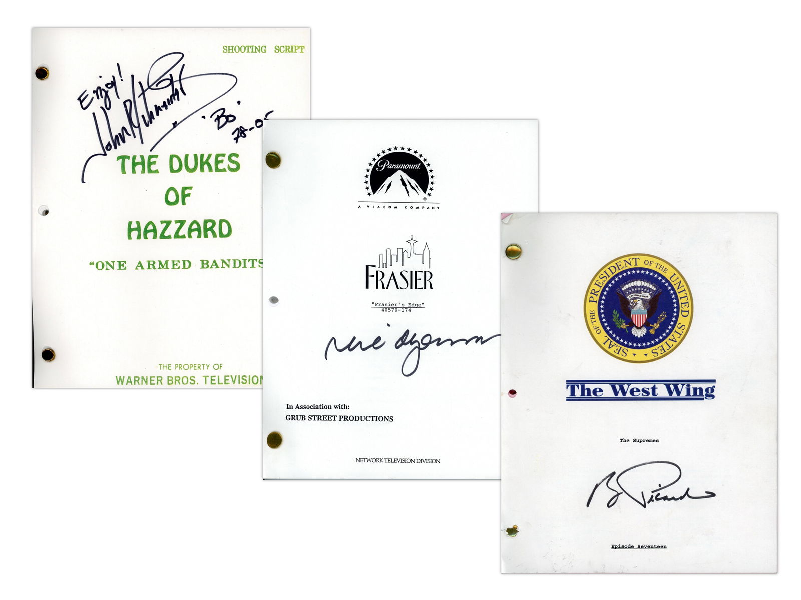(3) Signed TV Scripts, West Wing, Frasier, Dukes: Group of three original television production scripts. Includes The Dukes of Hazzard, episode titled "One Armed Bandits", a shooting script dated October 18, 1978. This copy belonged to John