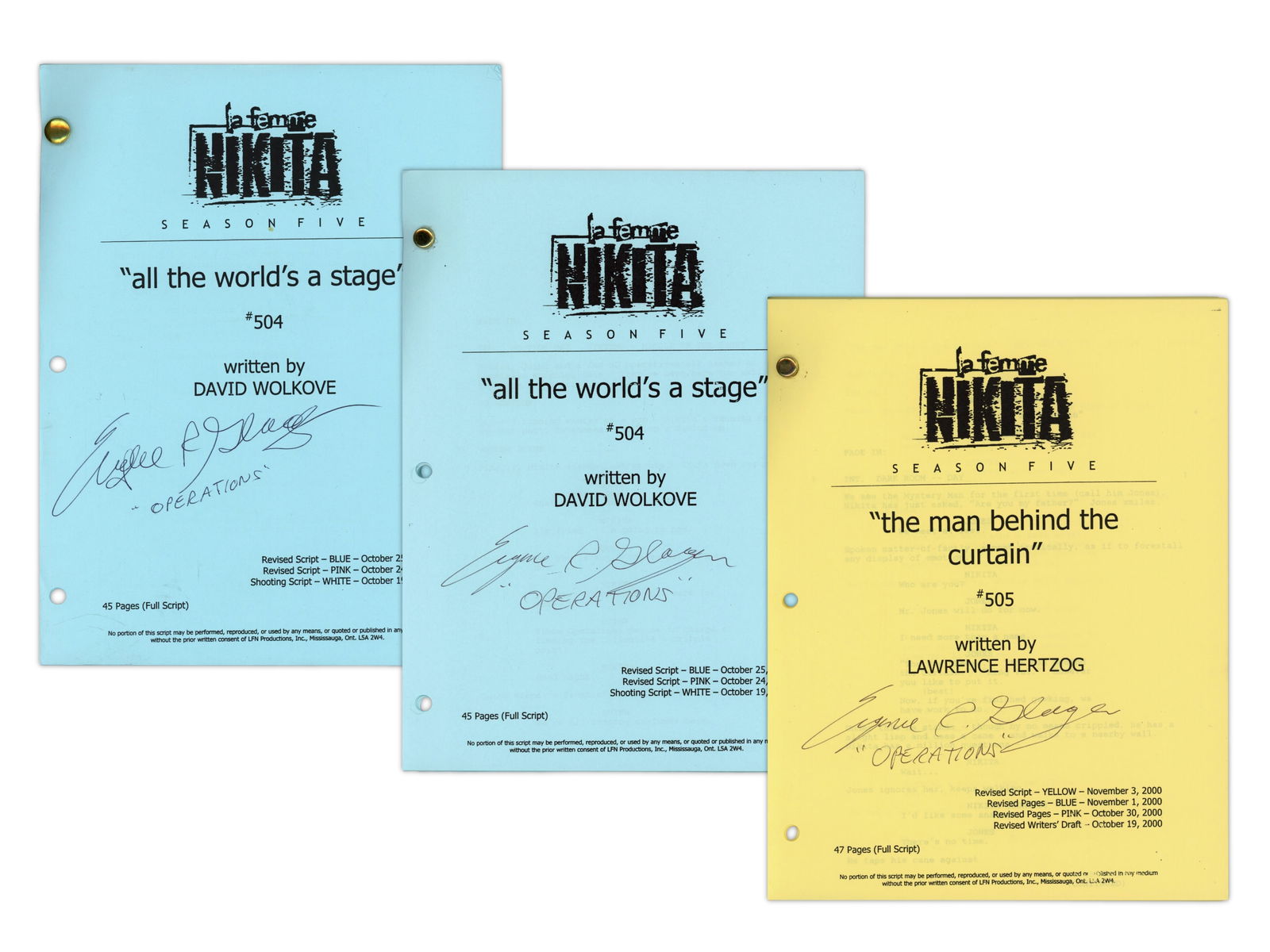 La Femme Nikita Season 5 Signed Script Group: Group of original production scripts from the final season (Season Five) of La Femme Nikita, representing the final episodes of the series. Included are two copies of the episode titled "All the