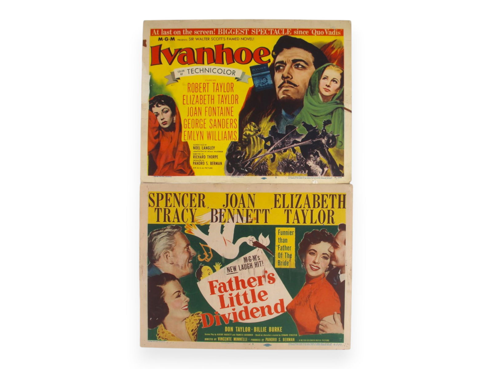 (30) Lobby Cards & More, Liz Taylor 1950-60's: Great lot of (30) lobby cards from the 1950-60's, with 3 title cards. Includes Elizabeth Taylor in Ivanhoe, Father's Little Dividend, The Sandpiper, The VIP's, Boom. Also includes 1963 Cleopatra