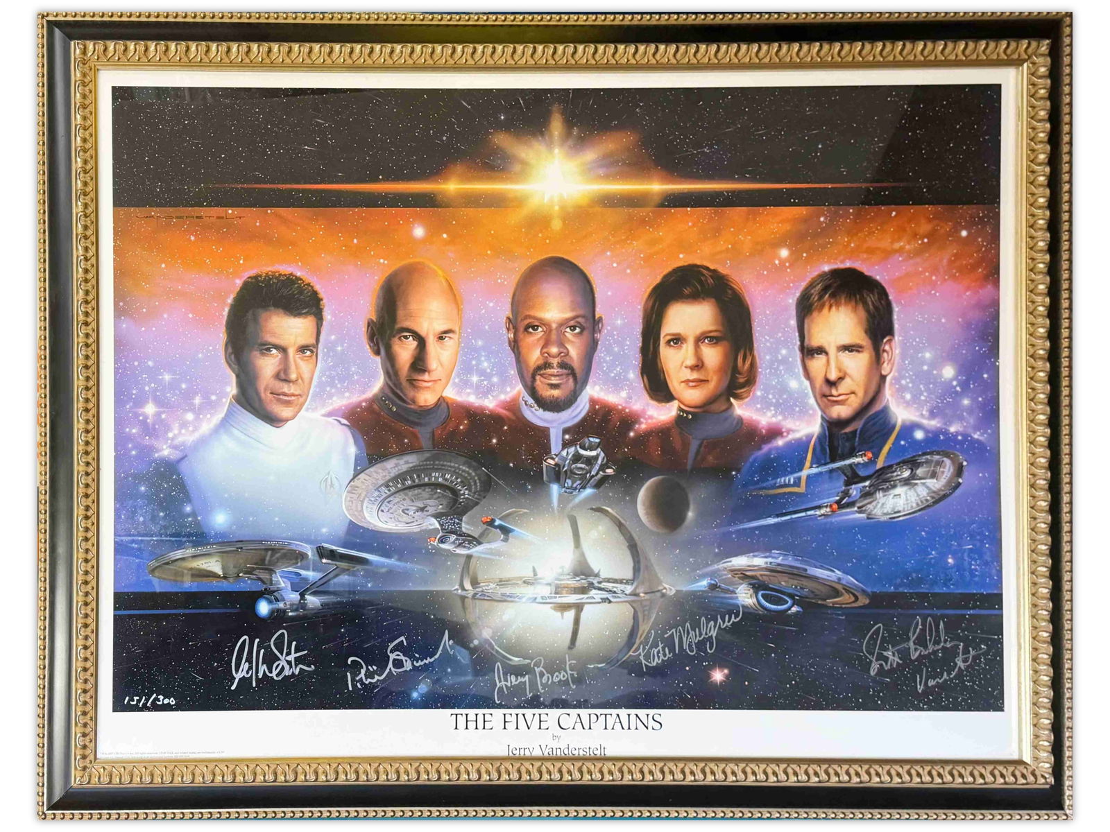 Star Trek "The Five Captains" Signed Lithograph: Framed limited edition lithograph titled "The Five Captains" by artist Jerry Vanderstelt, featuring Star Trek captains portrayed by William Shatner (Captain Kirk), Patrick Stewart (Captain Picard),