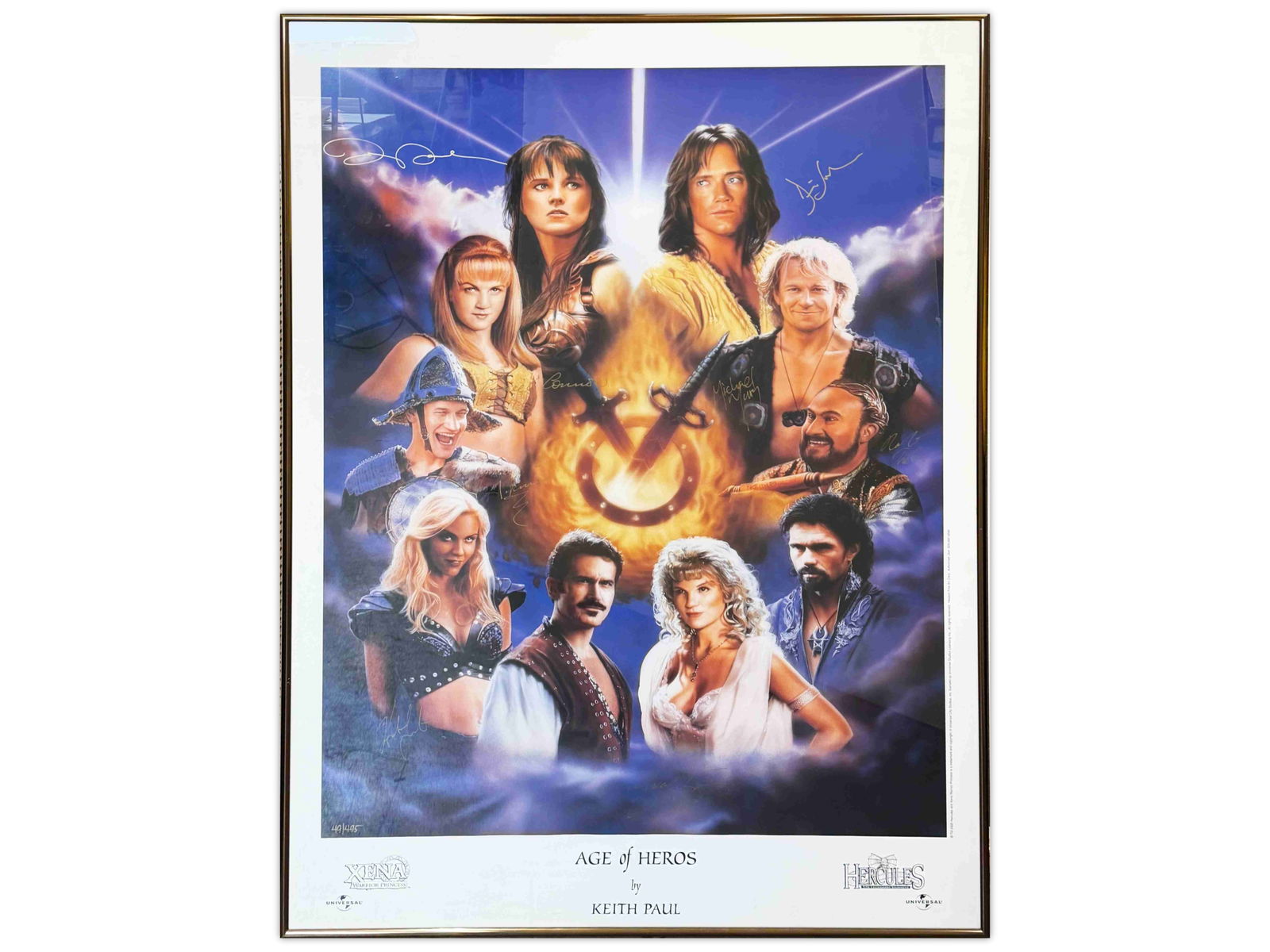Xena & Hercules Signed "Age of Heroes" Lithograph: Limited edition color lithograph titled "Age of Heroes" by Keith Paul, featuring characters from Xena: Warrior Princess and Hercules: The Legendary Journeys. The image depicts a dramatic montage of