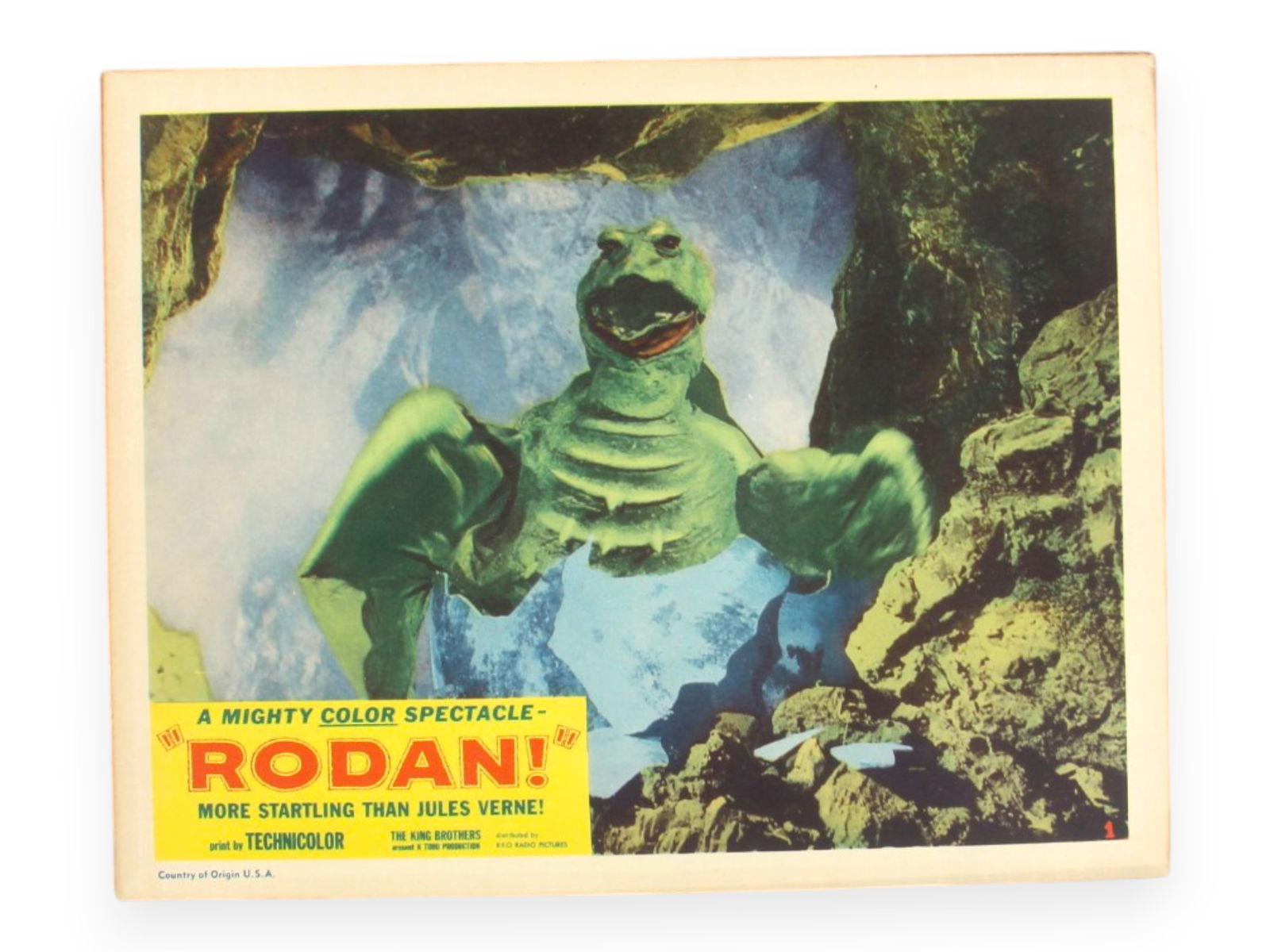 1957 Rodan! The Flying Monster Lobby Card: (Toho/RKO, 1957) Starring Kenji Sahara, Yumi Shirakawa, Akihiko Hirata, Akio Kobori, and Yasuko Nakata. Directed by Ishiro Honda. An unrestored lobby card with bright color and a clean overall