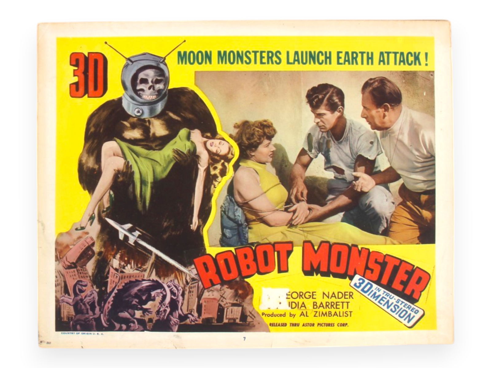 1953 Robot Monster Lobby Card, 3-D Style: (Astor Pictures, 1953) Starring George Nader, Claudia Barrett, Selena Royale, John Mylong, Gregory Moffett, Pamela Paulson, George Barrows, and John Brown. Directed by Phil Tucker. An unrestored