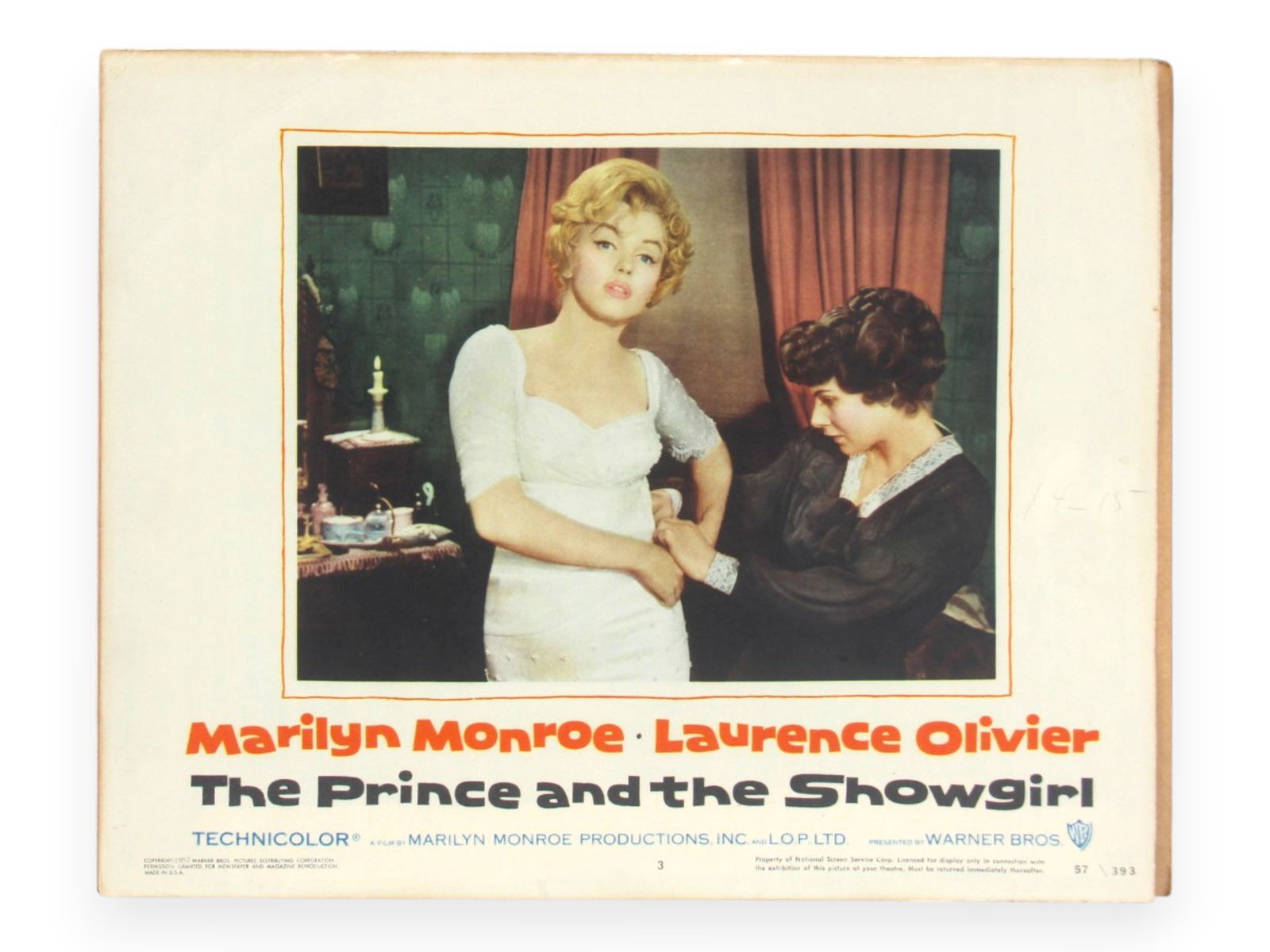 1957 The Prince and the Showgirl Lobby Card: (Warner Brothers, 1957) Starring Marilyn Monroe, Laurence Olivier, Sybil Thorndike, Richard Wattis, Jeremy Spenser, Esmond Knight, and Paul Hardwick. Directed by Laurence Olivier. An unrestored lobby