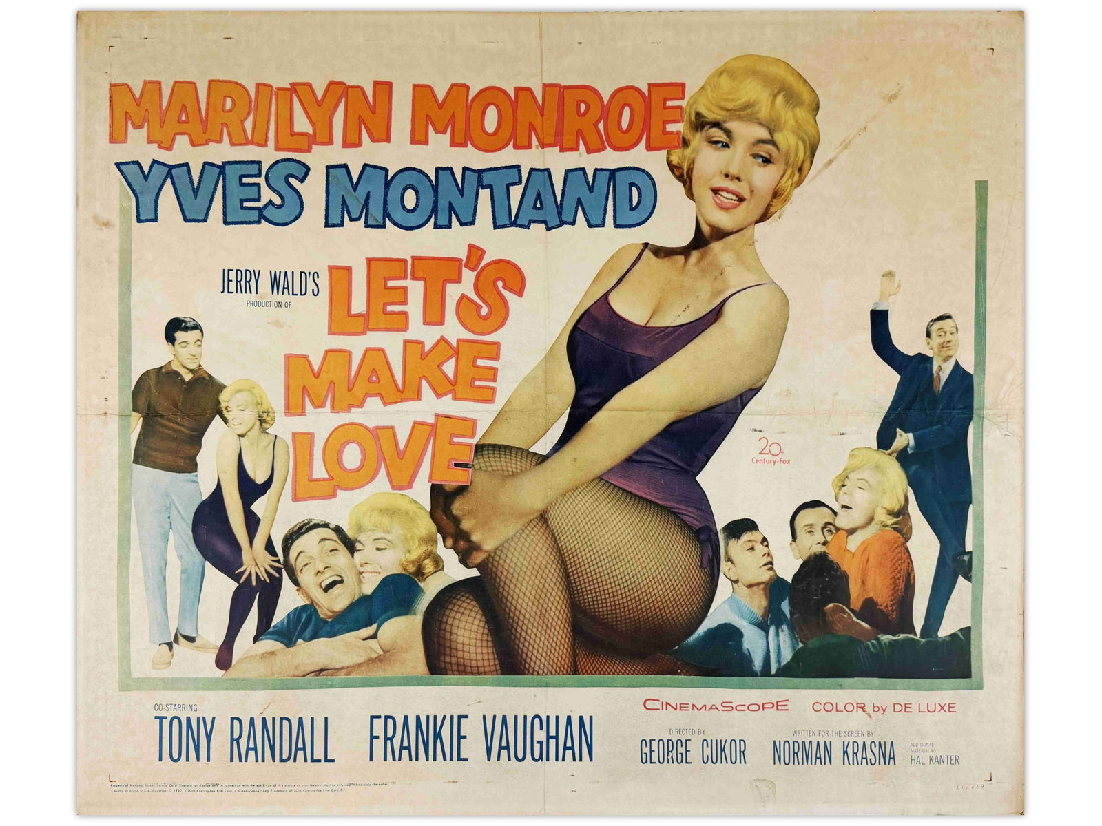 Marilyn Monroe, 1960 Let's Make Love Half Sheet: (20th Century Fox, 1950) Starring Marilyn Monroe, Yves Montand, Tony Randall, Frankie Vaughn, Wilfrid Hyde-White, David Burns, Joe Besser, Mara Lynn, Bing Crosby, Gene Kelly, and Milton Berle. Directe