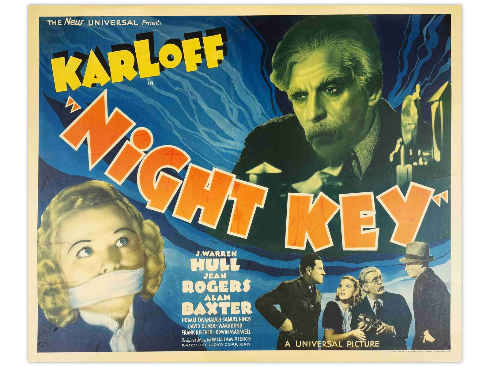 Boris Karloff, 1937 Night Key Half Sheet Poster: (Universal, 1937) Starring Boris Karloff, J. Warren Hull, Jean Rogers, Alan Baxter, Hobart Cavanaugh, Samuel Hinds, David Oliver, and Ward Bond. Directed by Lloyd Corrigan. In this crime thriller