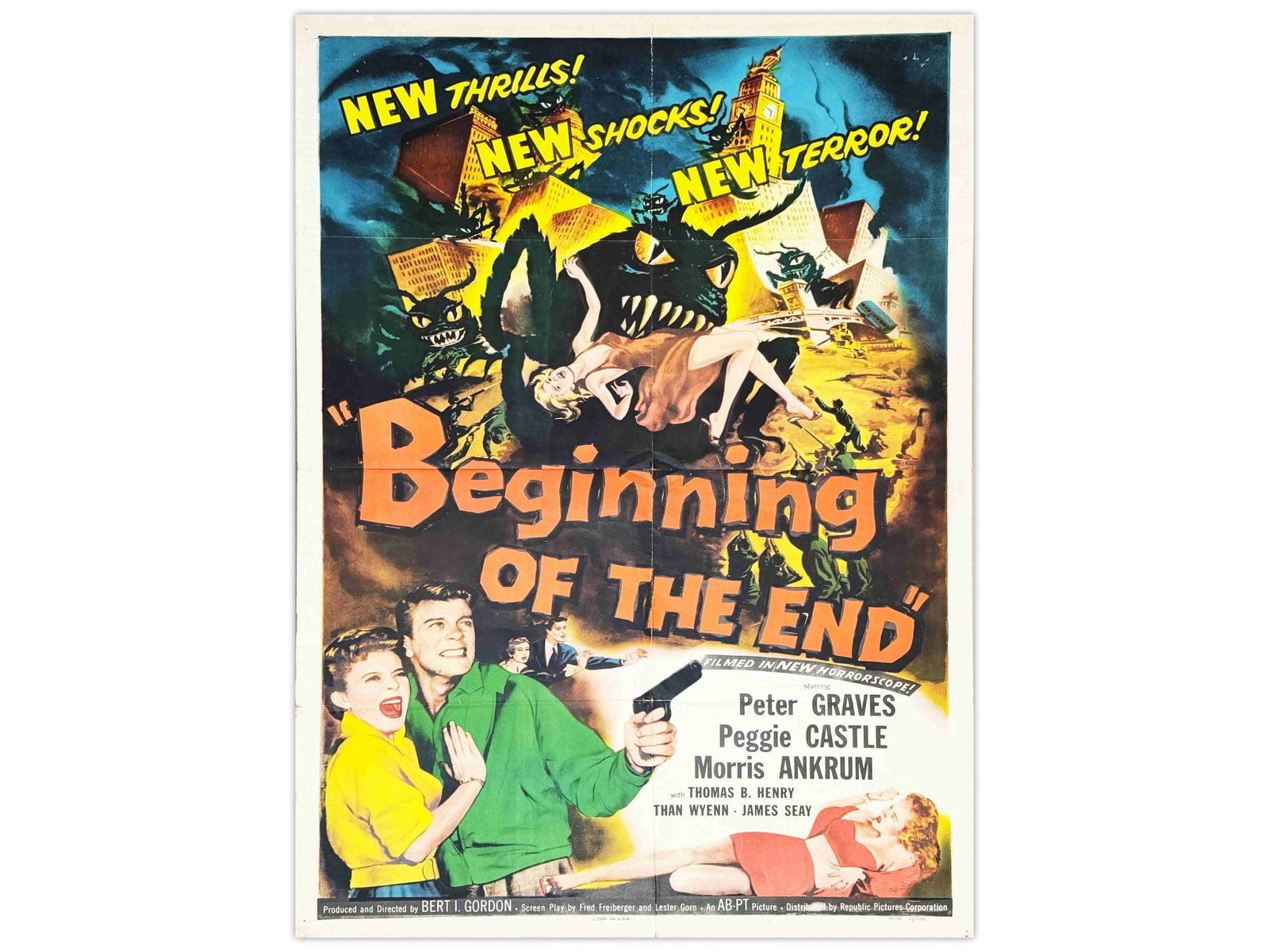1957 Beginning of the End, One Sheet Poster: (Republic, 1957) Starring Peter Graves, Peggie Castle, Morris Ankrum, and Thomas Henry. Directed by Bert I. Gordon. Unrestored one sheet poster with fold lines, seam tears/splits, pinholes at the