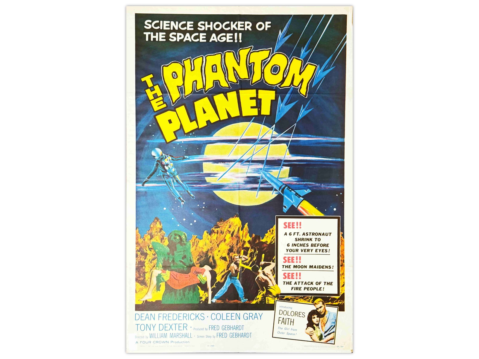 1962 The Phantom Planet One Sheet Poster: (Four Crown, 1962) Starring Dean Fredericks, Coleen Gray, Anthony Dexter, Francis X. Bushman, Richard Weber, and others. Directed by William Marshall. Unrestored poster with bright color and a clean