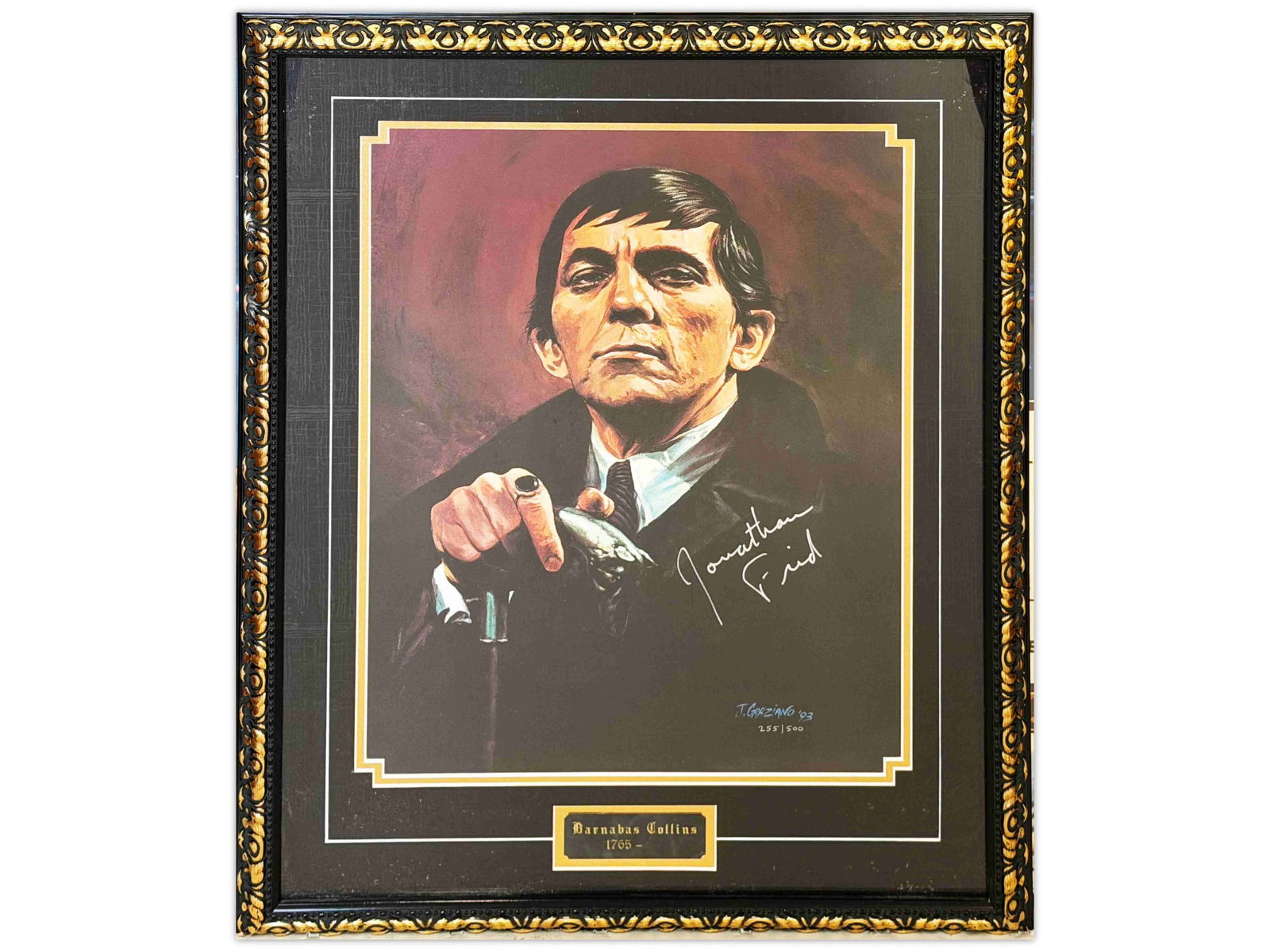 Jonathan Frid Signed Barnabas Collins Ltd Ed Print: Limited edition portrait print depicting Barnabas Collins, the iconic character from Dark Shadows. The image is signed by Jonathan Frid, who portrayed the character. The print is additionally numbered