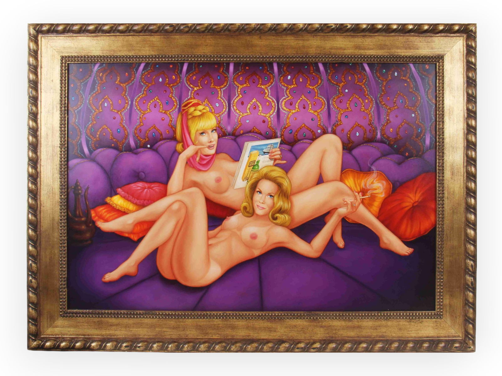 "Bewitched/I Dream of Jeannie" Painting I. Samaras: Original oil on wood panel painting by contemporary artist Isabel Samaras, titled "When the Cat's Away" (2012). The work depicts actresses Barbara Eden (I Dream of Jeannie) and Elizabeth Montgomery