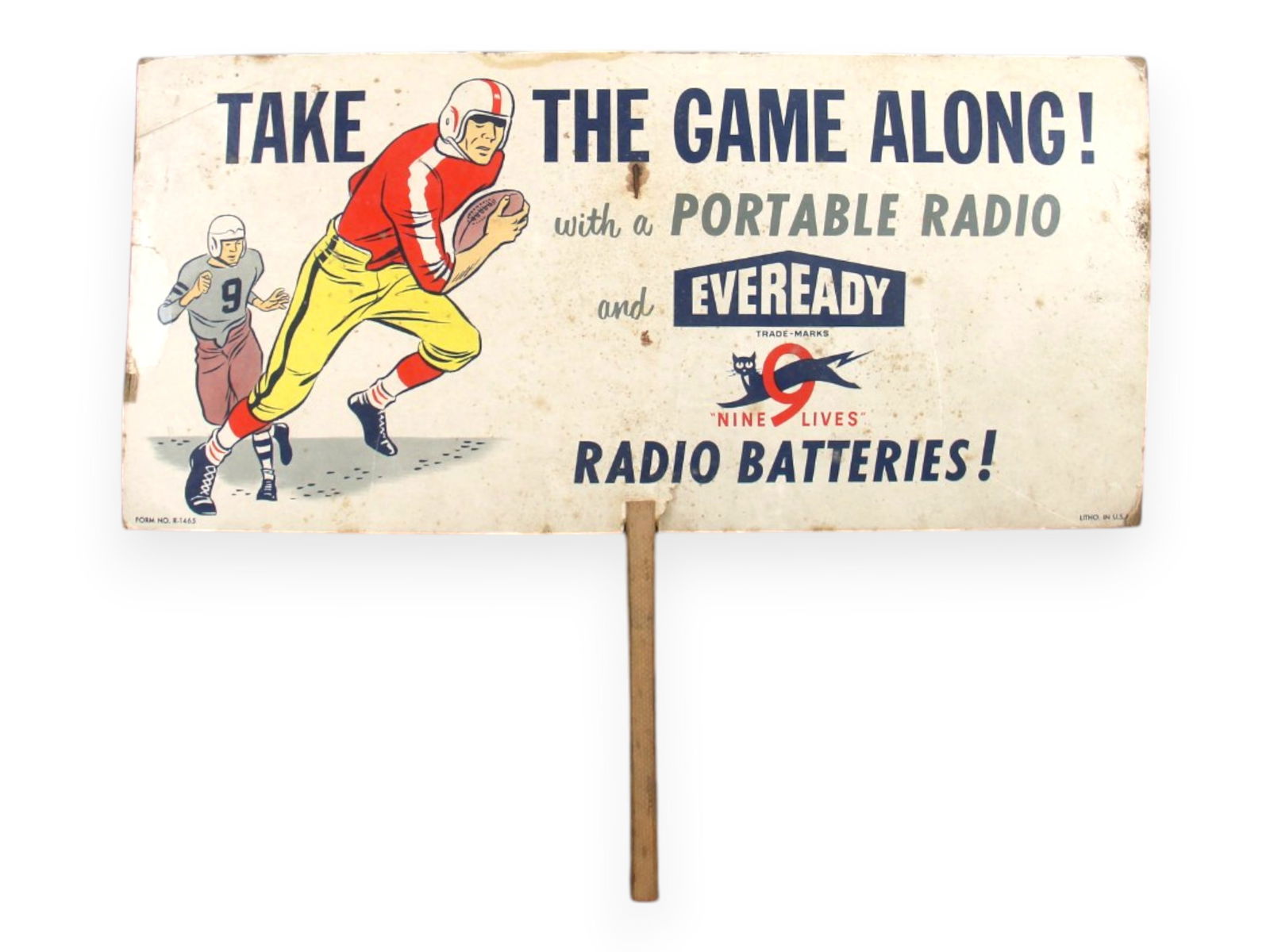 Eveready Radio Batteries Cardboard Ad Sign: Vintage Eveready Radio Batteries advertising sign featuring a colorful illustrated football player in action with the slogan "Take the game along! with a portable radio and Eveready radio