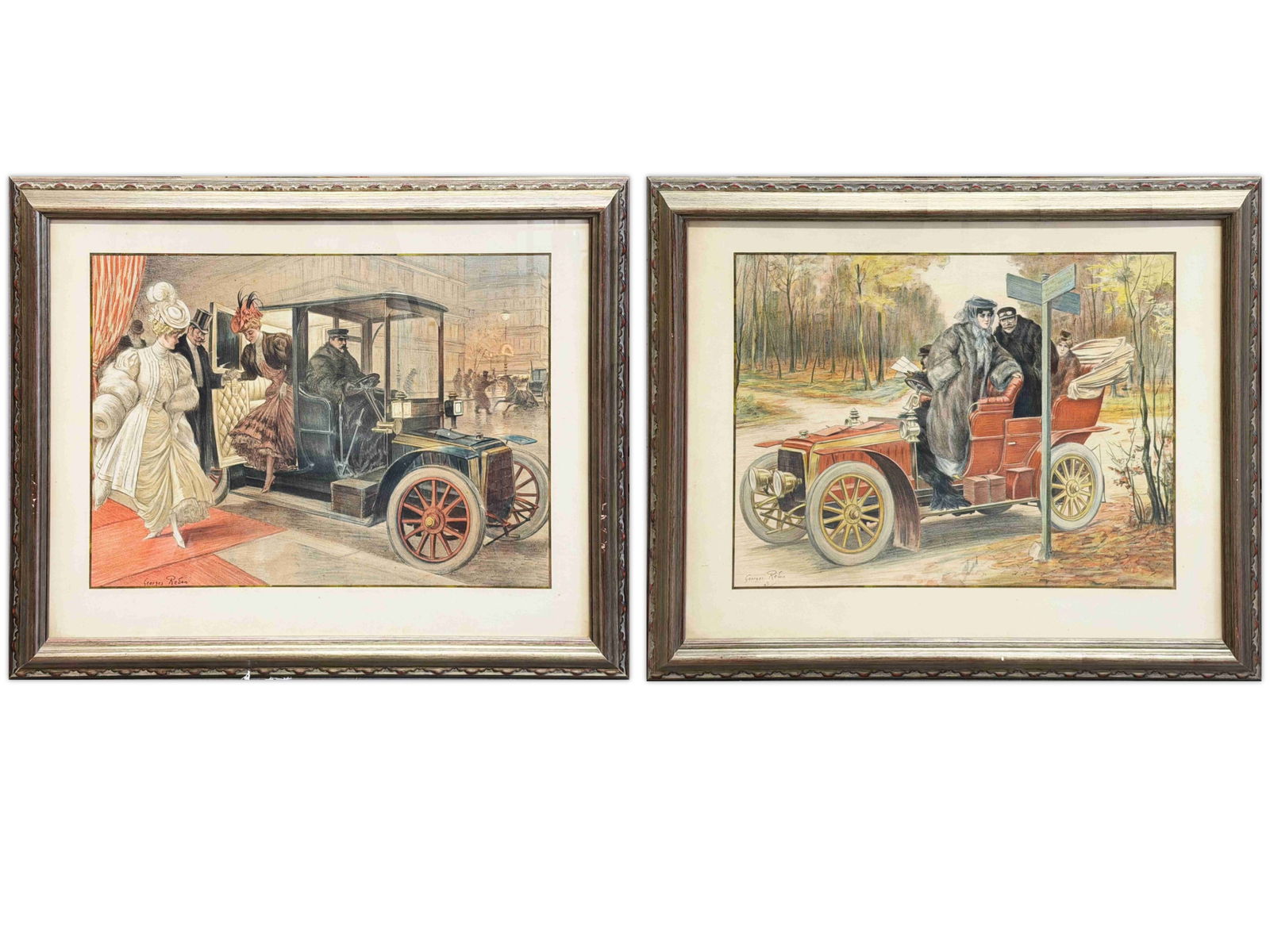 Pair of George Redon Automotive Lithographs: Pair of early 20th century automotive lithographs after illustrations by George Redon, both depicting fashionable figures interacting with early motorcars. One scene shows elegantly dressed women