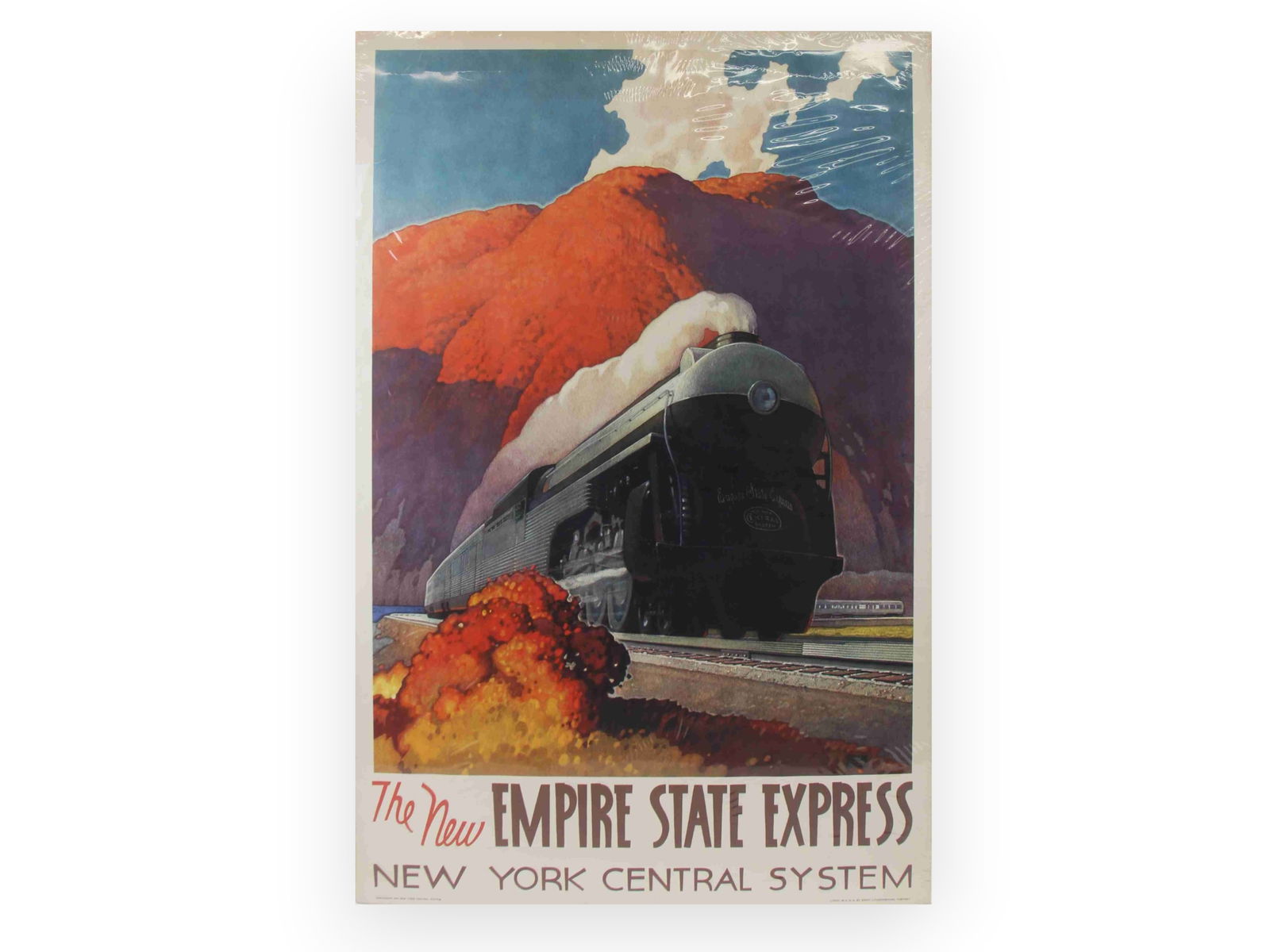 1941 New York Central Empire State Express Poster: Original color lithographic railroad poster advertising "The New Empire State Express" for the New York Central System, created by noted railroad artist Leslie Ragan (1897-1972) and dated 1941. Art De