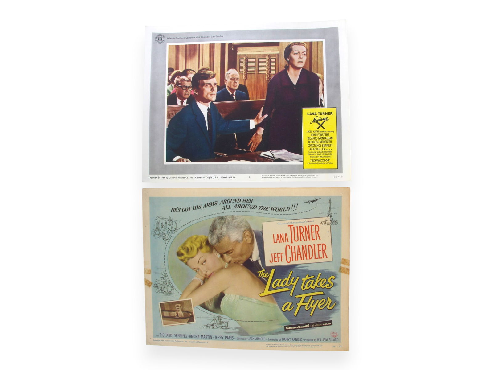 (2) Lana Turner Lobby Card Sets: Offered are two complete Lana Turner lobby card sets. Includes Madame X, 1966 Universal Pictures, and The Lady Takes a Flyer, 1958 Universal Pictures. Each set shows light edge and corner, edge tannin