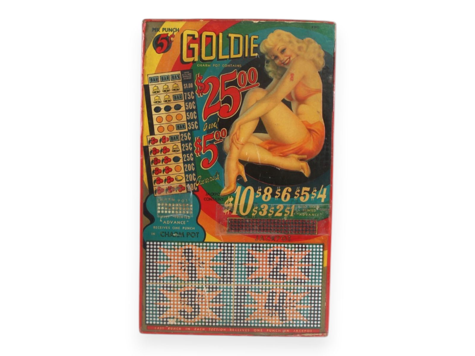 Vintage "Goldie" Pin Up 5 Cent Unused Punch Board: Circa 1940's, Unused Gambling Pin Up Punch Board Game. Great graphics throughout, titled "Goldie" with a classic pin up illustration. Approx. 11 x 18.25 inches. Shows minor edge and corner wear and su