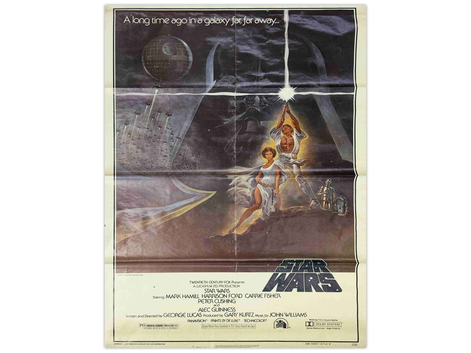 1977 Star Wars One Sheet Folded Style A: (20th Century Fox, 1977) Folded and Rolled, Second Printing One Sheet Movie Poster, NSS Style A. Starring Mark Hamill, Harrison Ford, Carrie Fisher, Alec Guinness, Peter Cushing, Anthony Daniels,