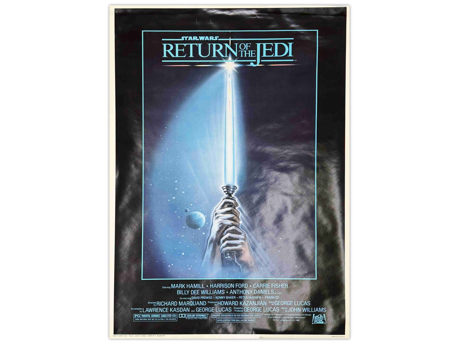 83 Star Wars Return of the Jedi One Sheet Style A: (20th Century Fox, 1983) Rolled One Sheet Movie Poster, Style A. Starring Mark Hamill, Harrison Ford, Carrie Fisher, Alec Guinness, Anthony Daniels, Peter Mayhew, David Prowse, and the voice of James