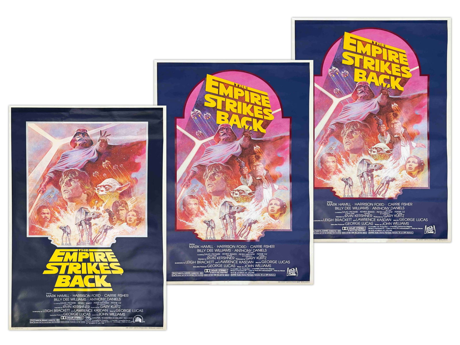 (3) Star Wars Empire Strikes Back One Sheets: (20th Century Fox, R-1981, R-1982). Lot of 3 Rolled One Sheet Movie Posters. Includes Re-release Summer 1981, and (2) Re-release 1982. Starring Mark Hamill, Harrison Ford, Carrie Fisher, Billy Dee