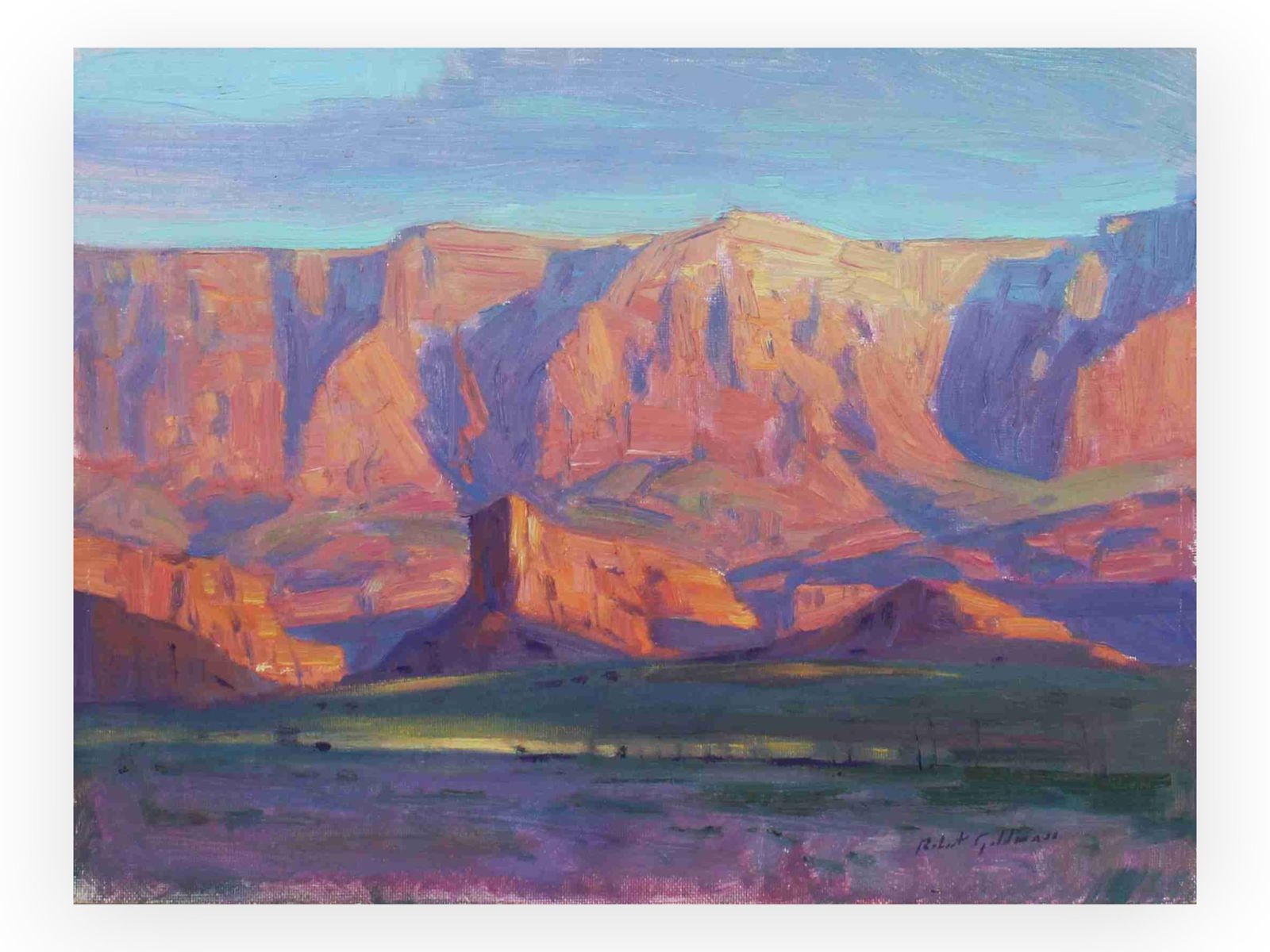 Robert Goldman "Vermillion Cliffs" Oil Painting: Oil on canvas board painting by Robert Goldman (b.1948, AZ, CA, Il). "Vermillion Cliffs", 9 x 12 inches. Signed lower right corner. Titled and signed on the verso.Shipping: Weiss Auctions offers