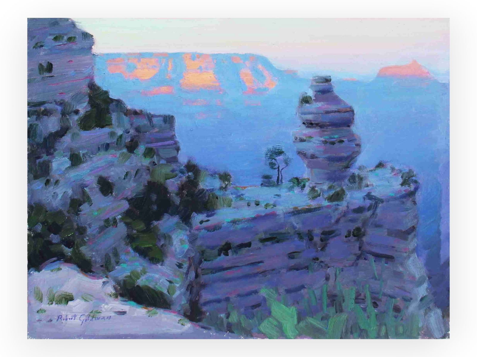 Robert Goldman "Twilight Grand Canyon" Oil: Oil on canvas board painting by Robert Goldman (b.1948, AZ, CA, Il). "Twilight Grand Canyon", 9 x 12 inches. Signed lower left corner. Titled and signed on the verso.Shipping: Weiss Auctions offers