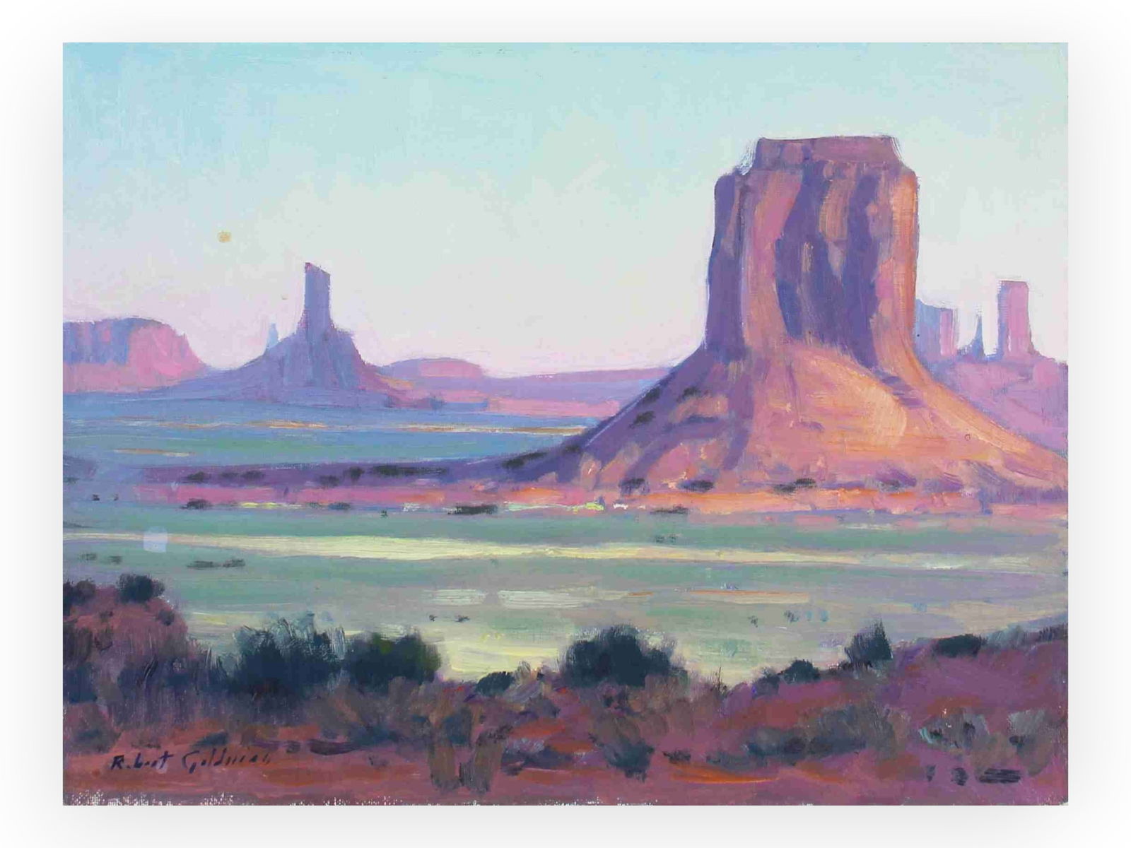 Robert Goldman "Monument Valley" Oil Painting: Oil on canvas board painting by Robert Goldman (b.1948, AZ, CA, Il). "Monument Valley", 9 x 12 inches. Signed lower left corner. Titled and signed on the verso.Shipping: Weiss Auctions offers