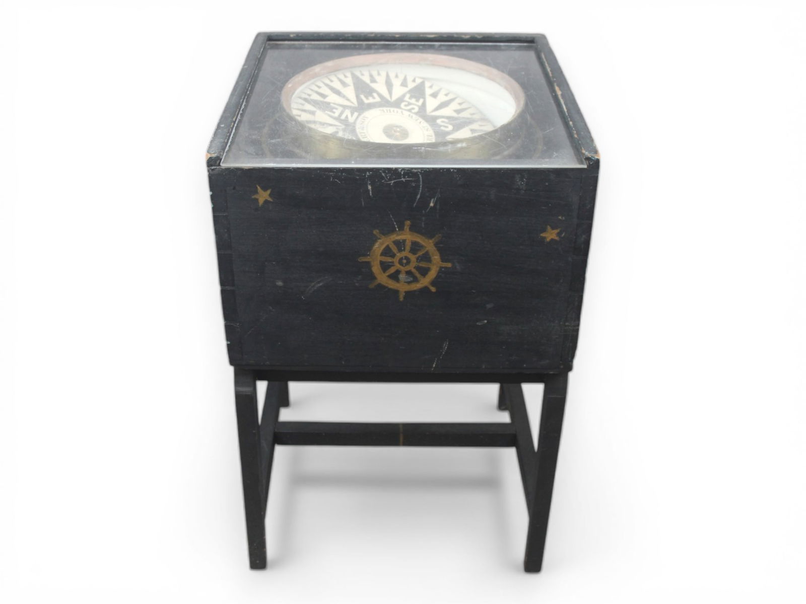 D. Eggert & Son Marine Compass, 19th Century: Antique American marine compass by D. Eggert & Son, marked "239 Pearl St. New York" on the compass card. Housed in a brass gimbal-mounted bowl within a fitted wooden case. The compass features a black