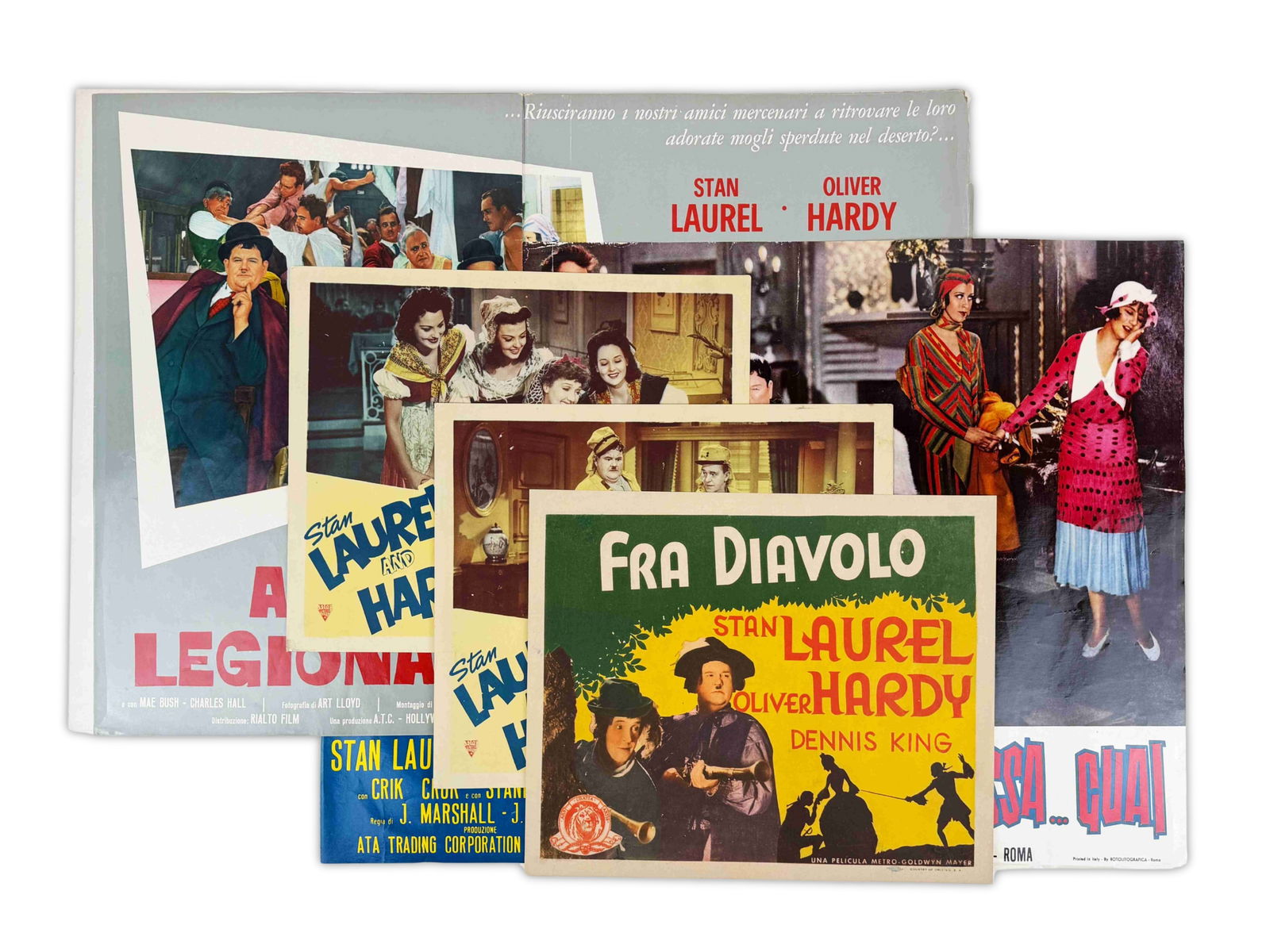 Laurel & Hardy Paper Lot, Posters, Lobby Cards: Laurel & Hardy Paper Lot, Posters, lobby cards, inserts; 1-3) three different 1970 Italian half sheets for "The Flying Deuces", 18" x 26" edge wear and creases; 4) Italian half sheets for " Allegro Pa