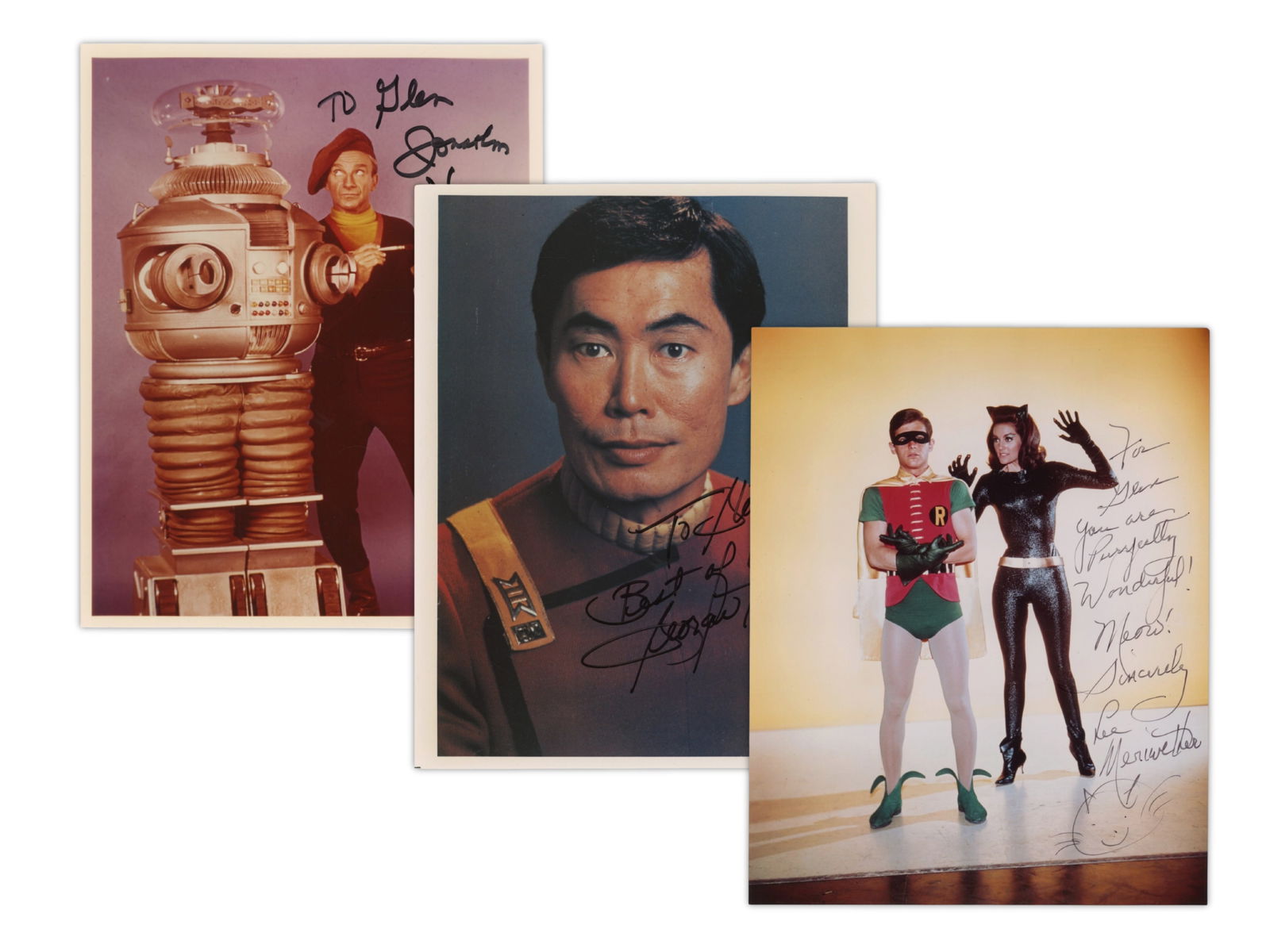 (20) Signed Autographs Frank Gorshin Jonathan Harris: (20) Signed Autographs to Glen, 8x10 photos and ephemera, in person and friends mail, 1) Jonathan Harris, 2) George Takei, 3) Elvira, Cassandra Peterson on back, 4-5) Lee Merriwether, Catwoman, 6)