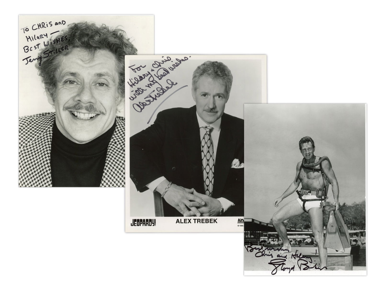 (31) Signed Autographs to Chris & Hillary: (31) Signed Autographs to Chris & Hillary, from the estate of artist and cartoonist Chris Allard, in person and by mail, 8x10 photos and ephemera, 1) Jerry Stiller, 2) Alex Trebek, 3) Lloyd Bridges,