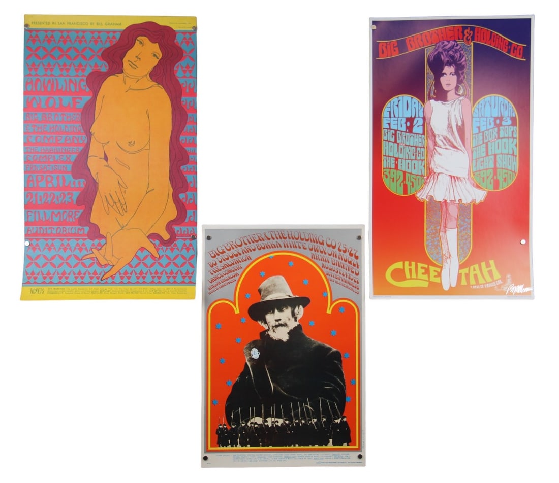 (3) Different Big Brother & the Holding Co Posters: Includes: (1) Bill Graham series BG-60, Fillmore Auditorium 4/21-4/23, 1967. Performers included: Big Brother and the Holding Company, Howlin' Wolf, and Harbinger Complex. Artwork by Wes Wilson.
