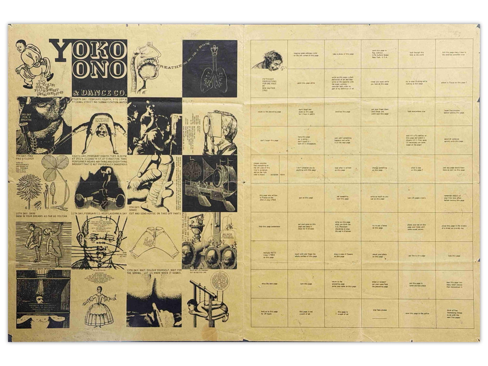 Yoko Ono 1966 Fluxfest Event Poster: Yoko Ono 1966 Fluxfest Event Poster, "Do It Yourself Presents Yoko Ono & Dance Co", Feb. 4, 1966, Canal St at Subway Station, NYC, 34" x 22", some minor edge wear and chipping, folds, rare early Yoko