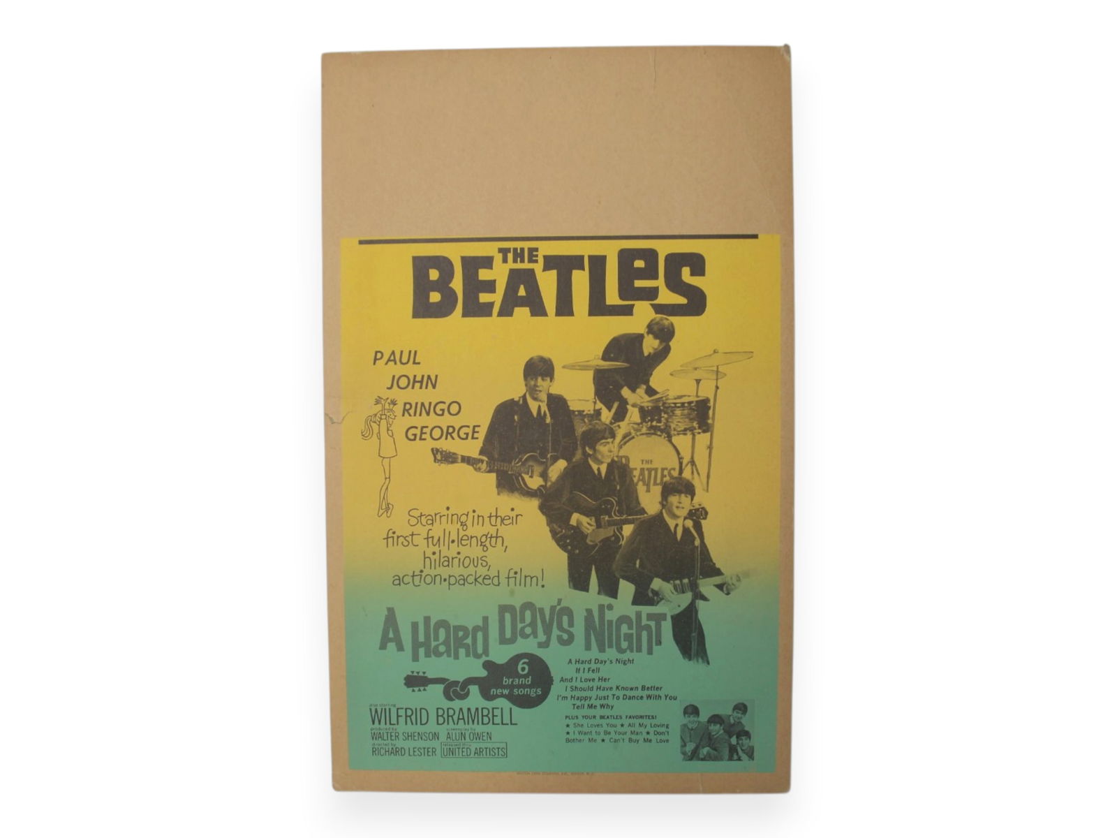 Beatles 1964 Hard Days Night Lobby Window Shell: Beatles Hard Days Night Lobby Window Card Shell, 1964, 13.75" x 22", some edge wear, corner ding and a few edge tears and creasesShipping: Weiss Auctions offers full-service, in-house shipping for