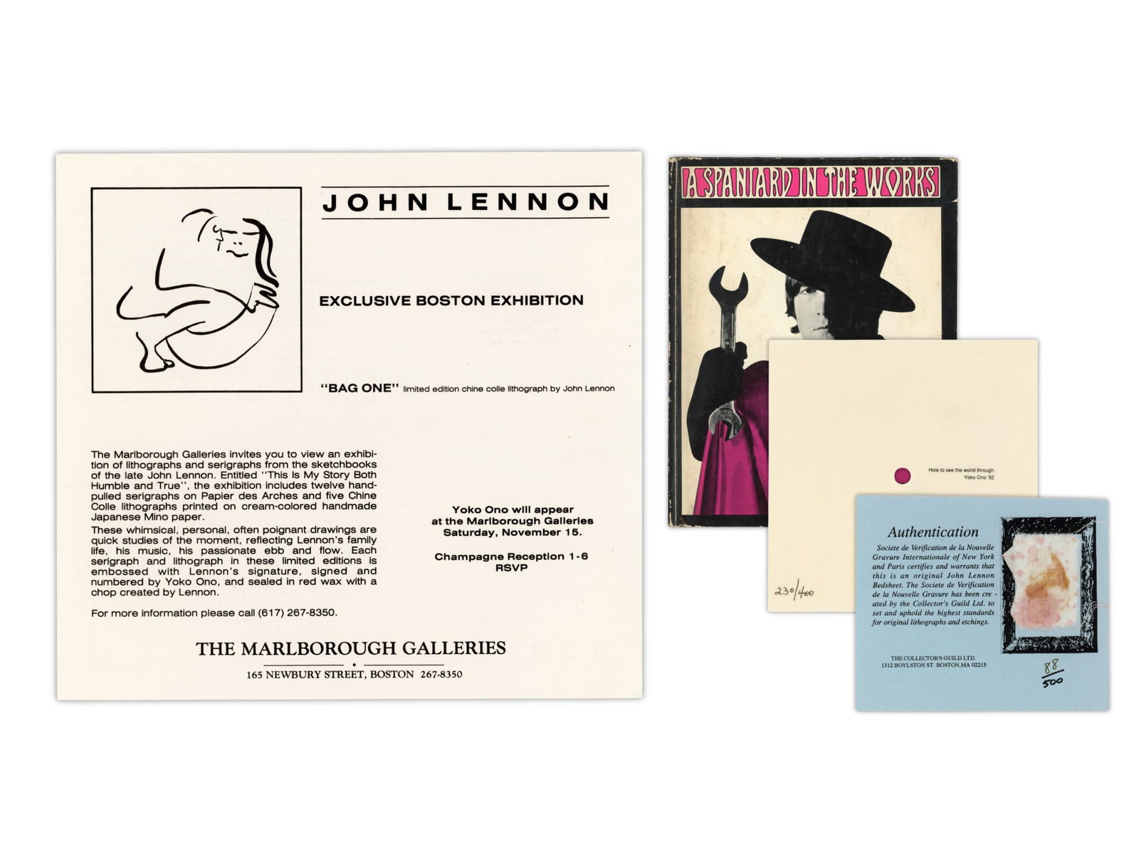 Yoko Ono John Lennon Items: Yoko Ono John Lennon Items, 1) Yoko artwork, "Hole to See the world Through" 1992, #230/400, 5.25" x 5.25"; 2) Bed In for Peace, bed sheet piece, #58/500; 3) 1986 Gallery show flyer; 4) John Lennon's