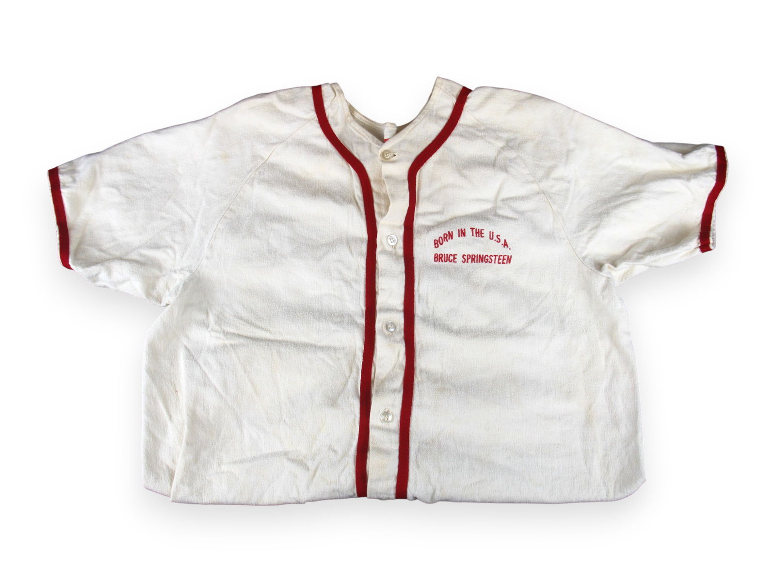 Bruce Springsteen 1984 Baseball Shirt: Bruce Springsteen 1984 Baseball Shirt, promo, front embroidered "Born in the USA", reverse embroidered "Glory Days", tag says Empire Shipping: Weiss Auctions offers full-service, in-house shipping for