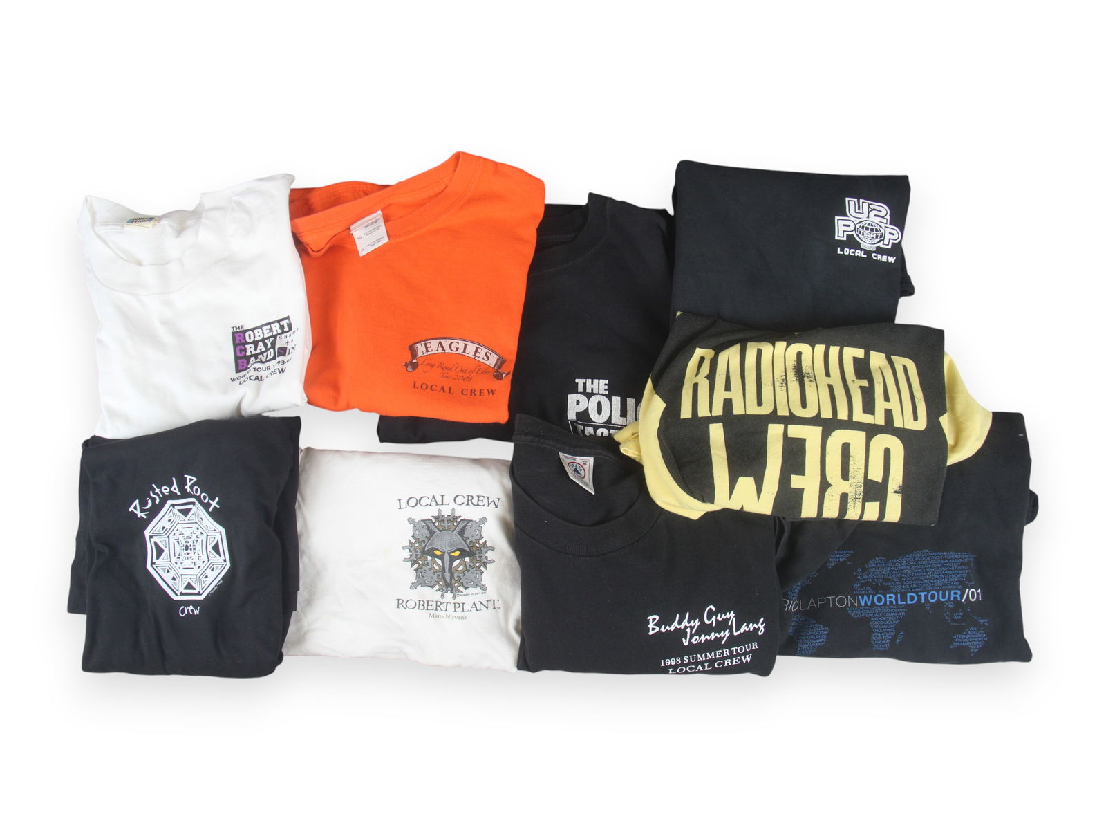 (15) Rock Bands Crew T-Shirts: Rock Bands Local Crew T-Shirts, given to the local stage crew at concerts, 1) U2 Pop; 2) Radiohead; 3) The Police "Tactical"; 4) BruceSpringsteen & E Street Band; 5) Bruce Springsteen "May 30-31