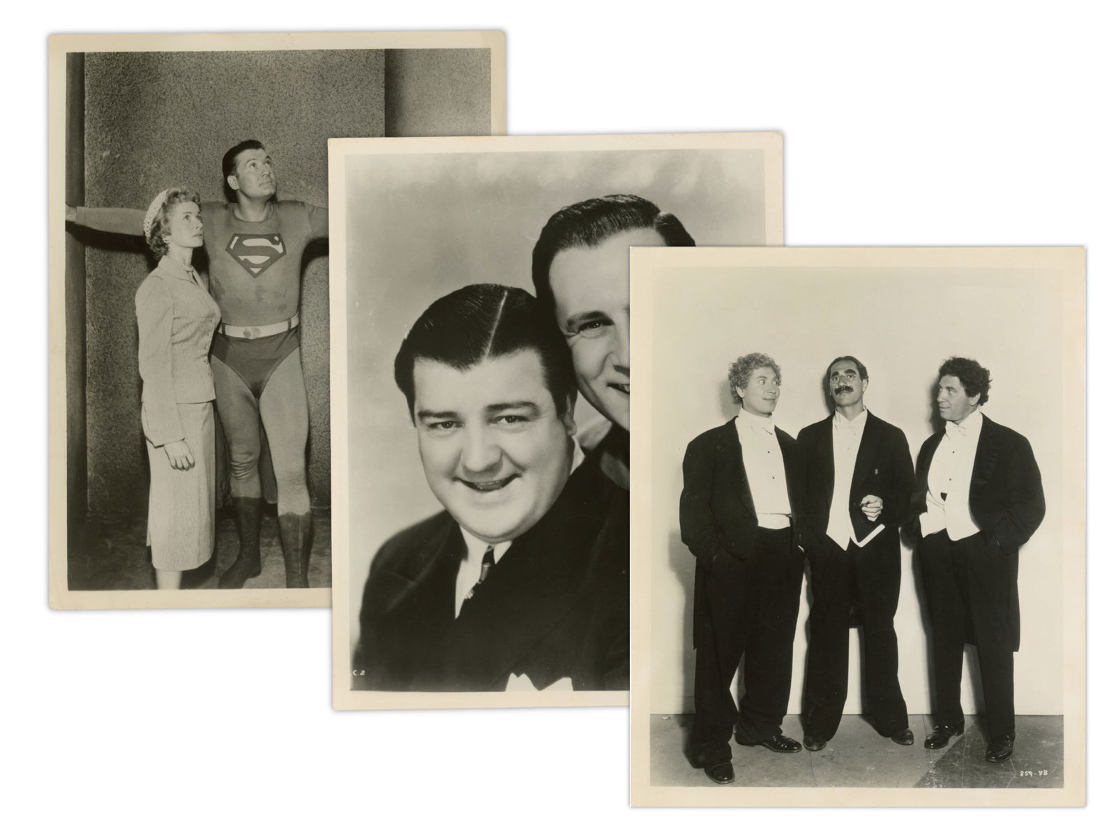 Hollywood Movie Stills and Photo Lot: Includes 20 photos. None appear to be 1st generation photos, and some are on thicker stock paper. No credit stamps or captions. Photos includes: Wizard of Oz, George Reeves as Superman, March of the