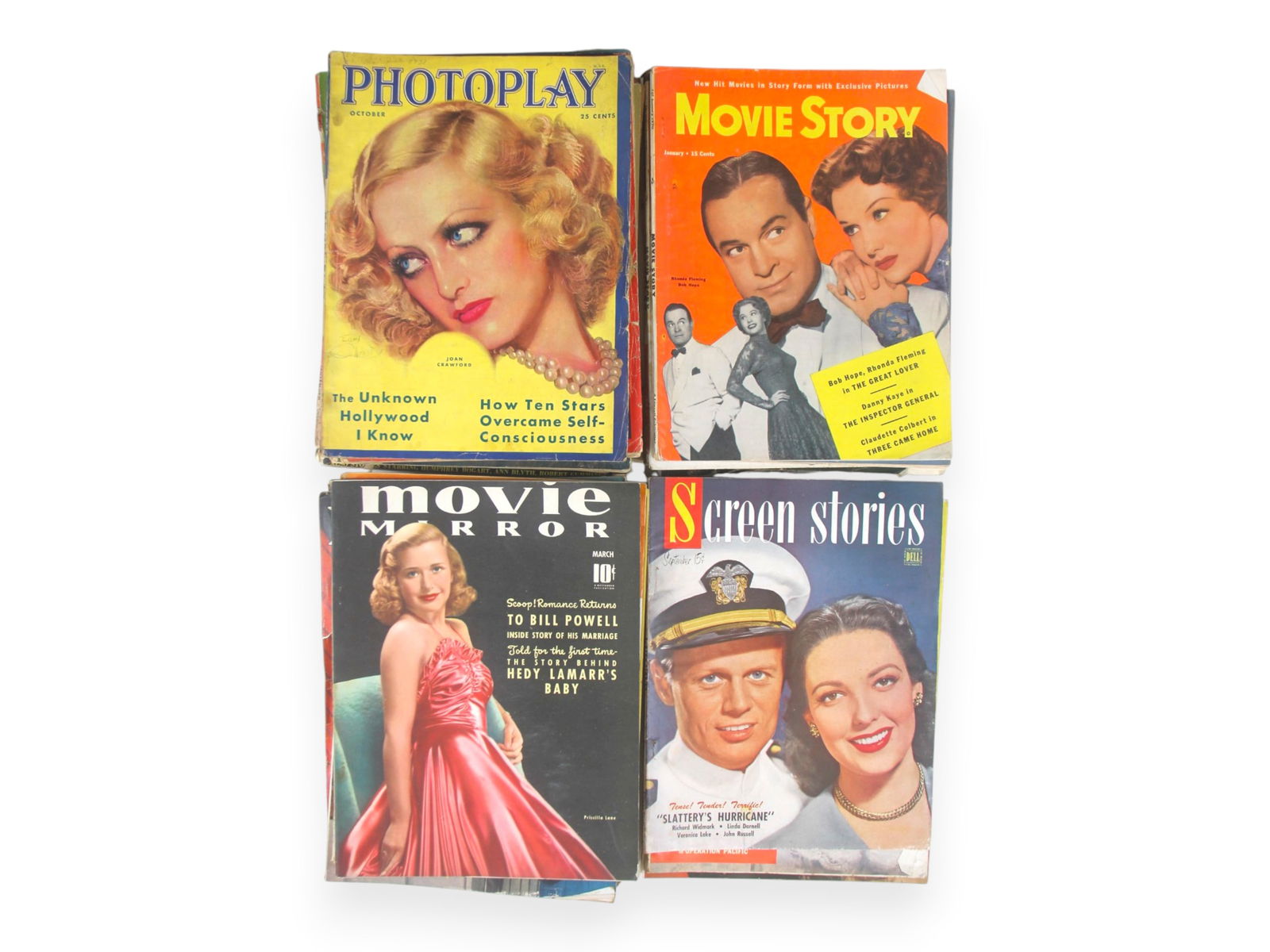 Approx. 30 Vintage Movie Magazines, 1930-50's: Includes Photoplay, Screen Stories, Movie Mirror, Movie Story, and Screen Book Magazine. Great covers including Clark Gable, Greta Garbo, Linda Darnell, Betty Grable, Norma Shearer, Claudette Colbert,