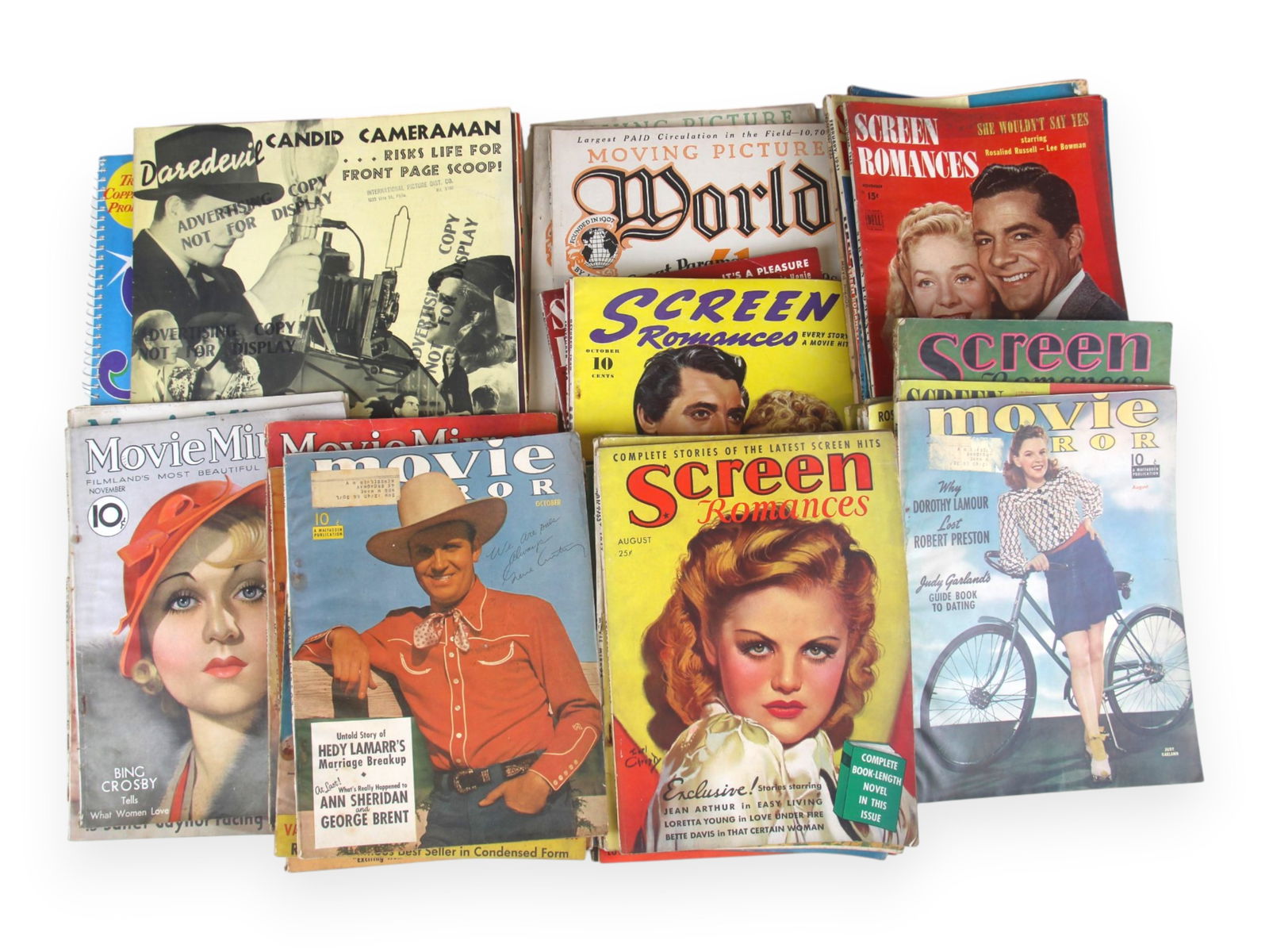 Approx. 27 Vintage Movie Magazines, 1930-40's: Includes Movie Mirror and Screen Romances. Great covers including Bette Davis, Marion Davies, Katharine Hepburn, Norma Shearer, Claudette Colbert, Judy Garland, and others. Also includes 3 issues of M